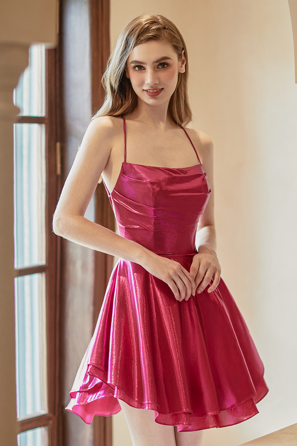 A-line Satin Square Neck Ruffled Backless Crisscross Cocktail Party Homecoming Dress #HC2604025