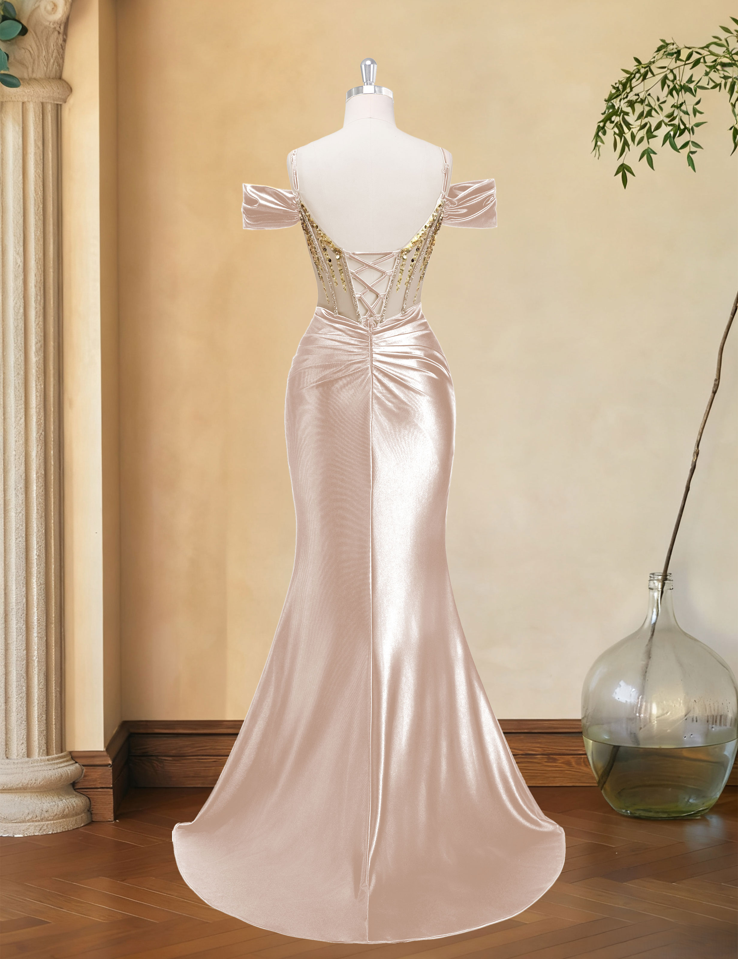 Mermaid V-neck Off Shoulder Beaded Sequin Satin Slit Prom Dress #PR2510014