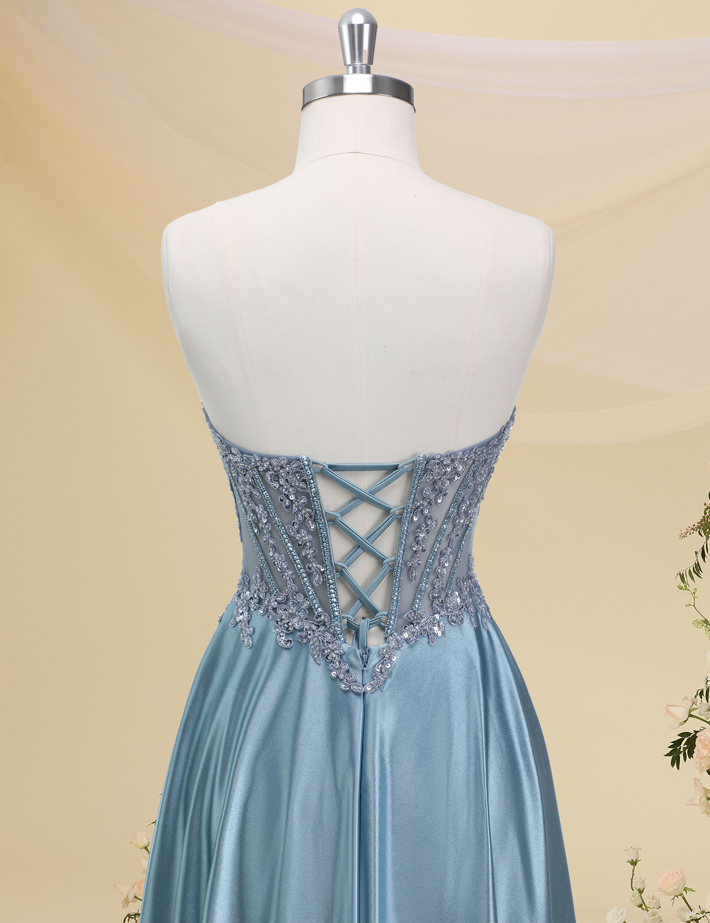 Mermaid Spaghetti Straps Satin Beaded Sequin Pleated Slit Prom Dress #PR2510011