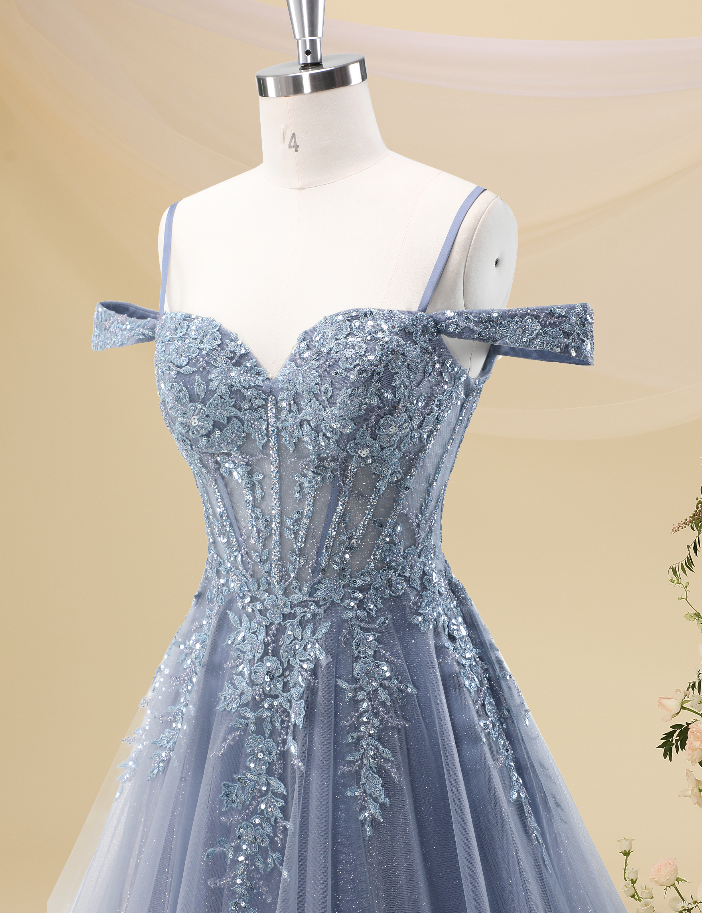 A-line Sweetheart Off Shoulder Corset Lace Appliques Sparkly Tulle Prom Dress #PR2511040