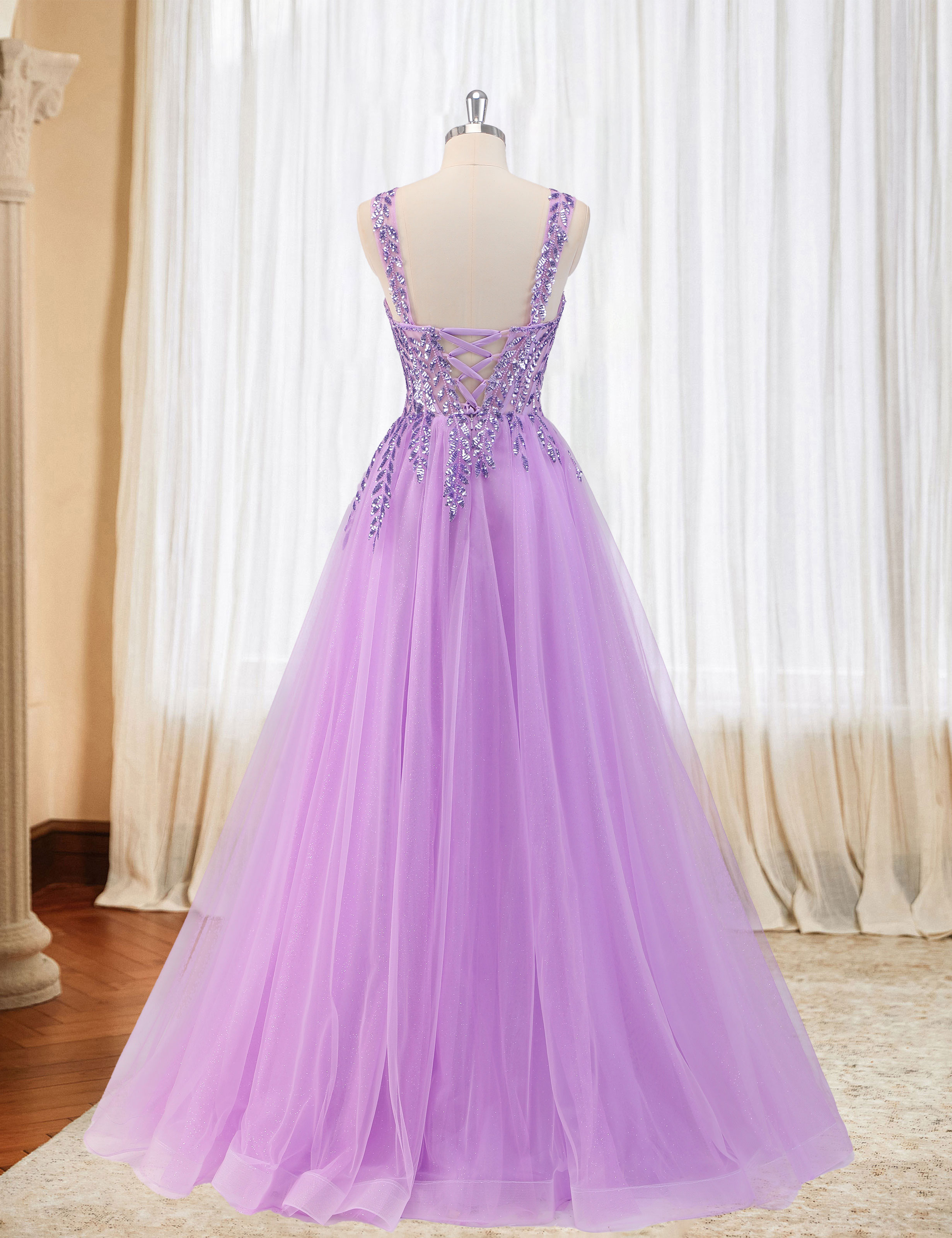 A-line Sweetheart Sparkly Tulle Sequins Beaded Slit Corset Prom Dress #PR2512071
