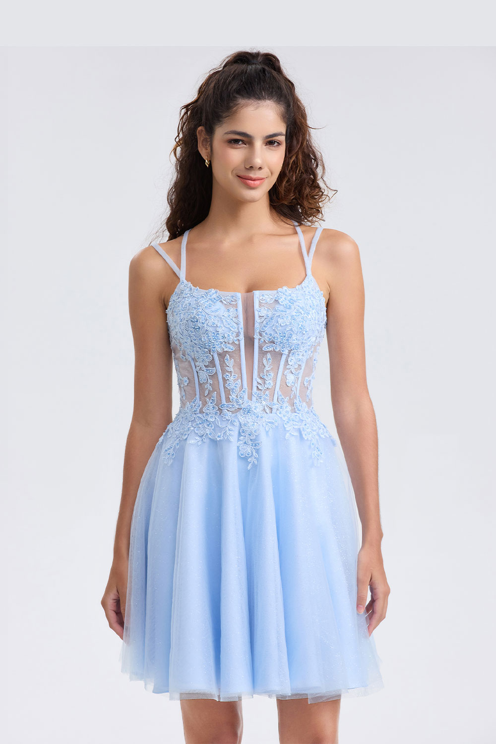 A-line Spaghetti Strap Tulle Lace Appliques Cocktail Homecoming Dress #HC2402129