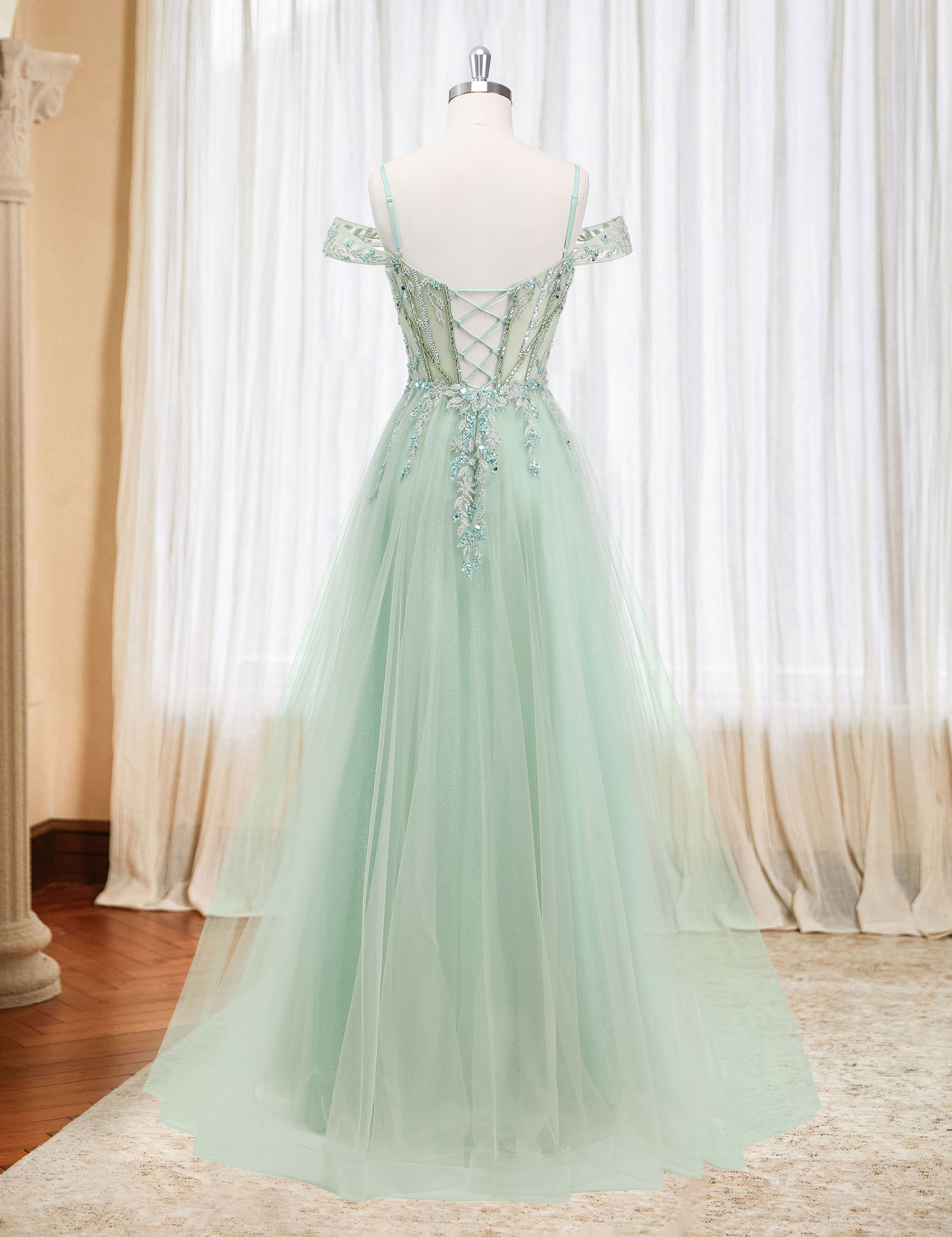 A-line Sweetheart Beaded Sparkly Tulle Lace Appliques Prom Dress #PR2510005