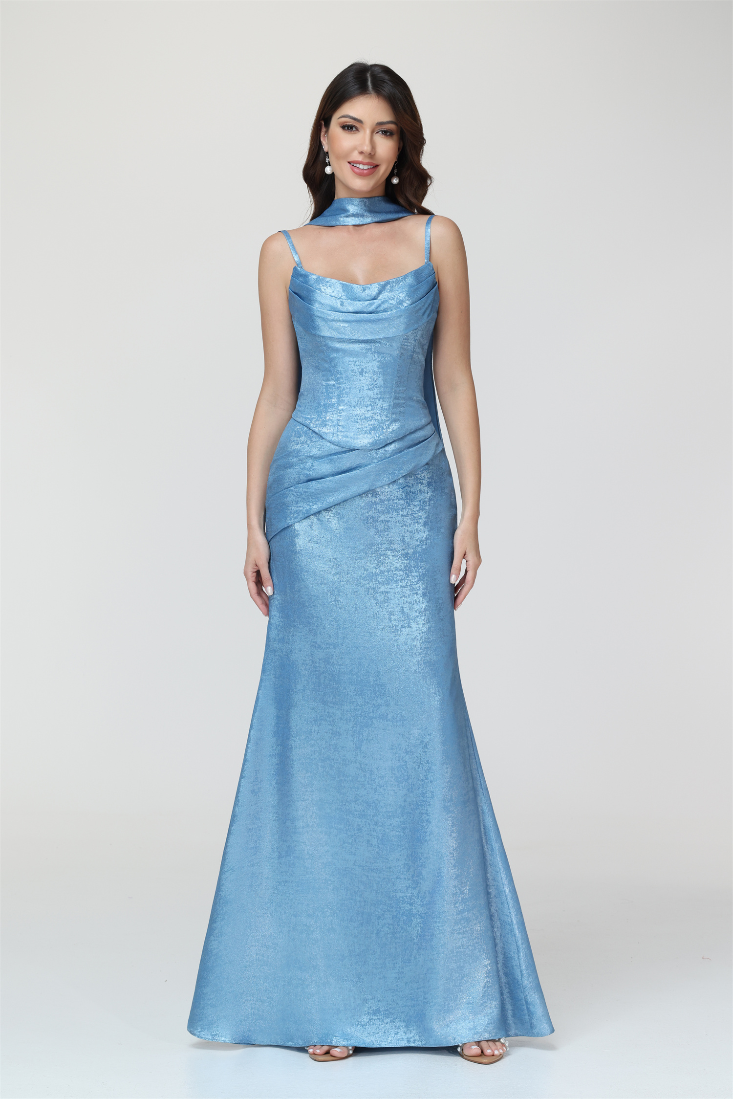 Mermaid Spaghttei Straps Prom Dress 2 Pieces Bridesmaid Dress with Scarf #BM2512054