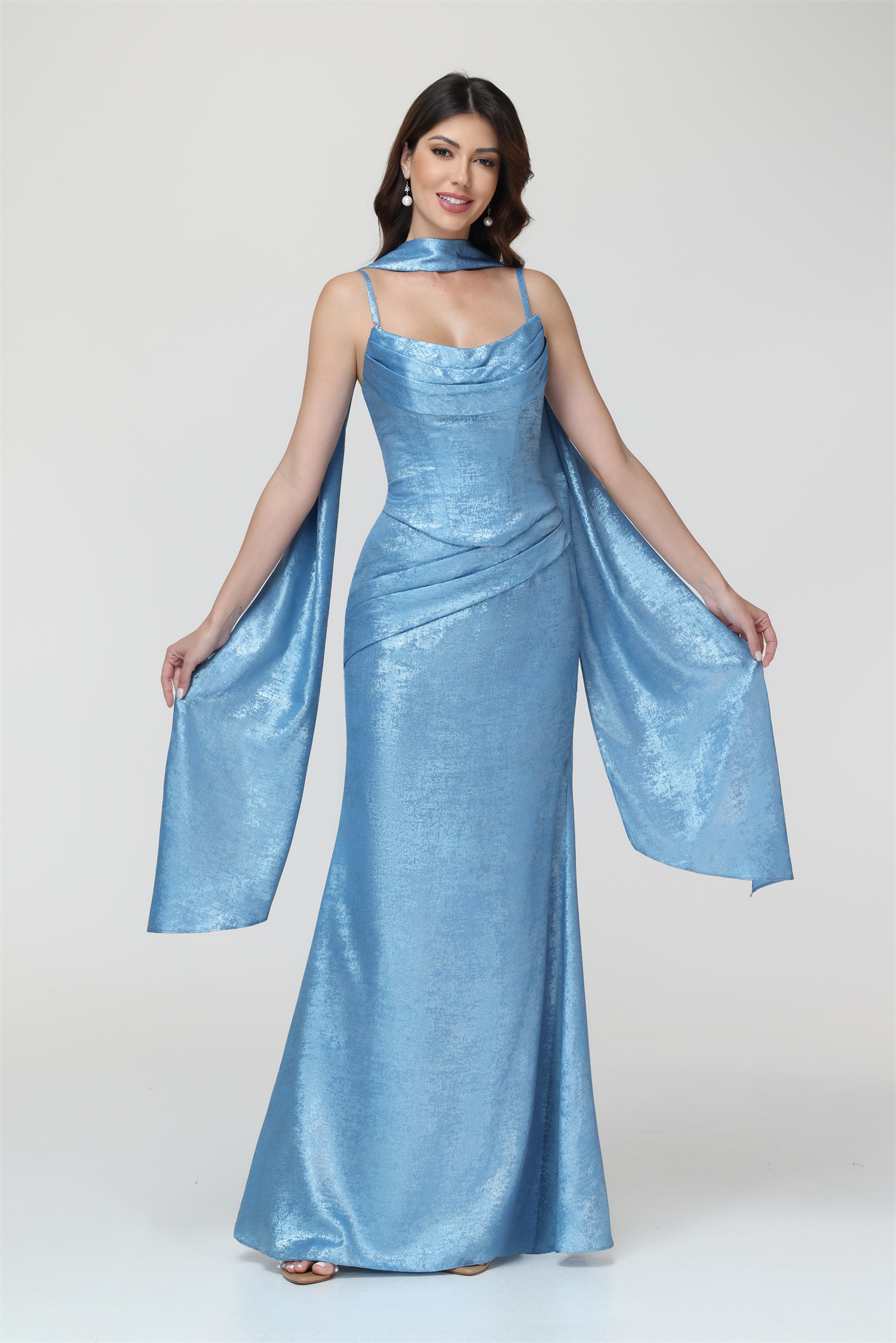 Mermaid Spaghttei Straps Prom Dress 2 Pieces Bridesmaid Dress with Scarf #BM2512054