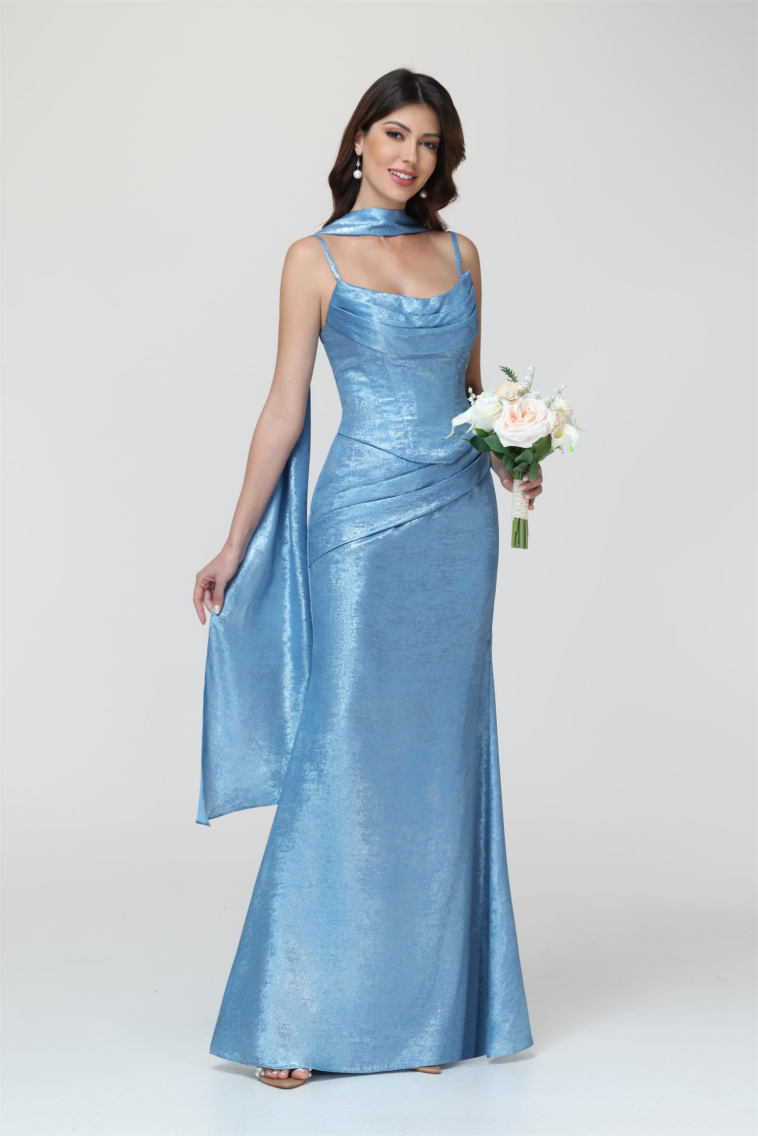 Mermaid Spaghttei Straps Prom Dress 2 Pieces Bridesmaid Dress with Scarf #BM2512054