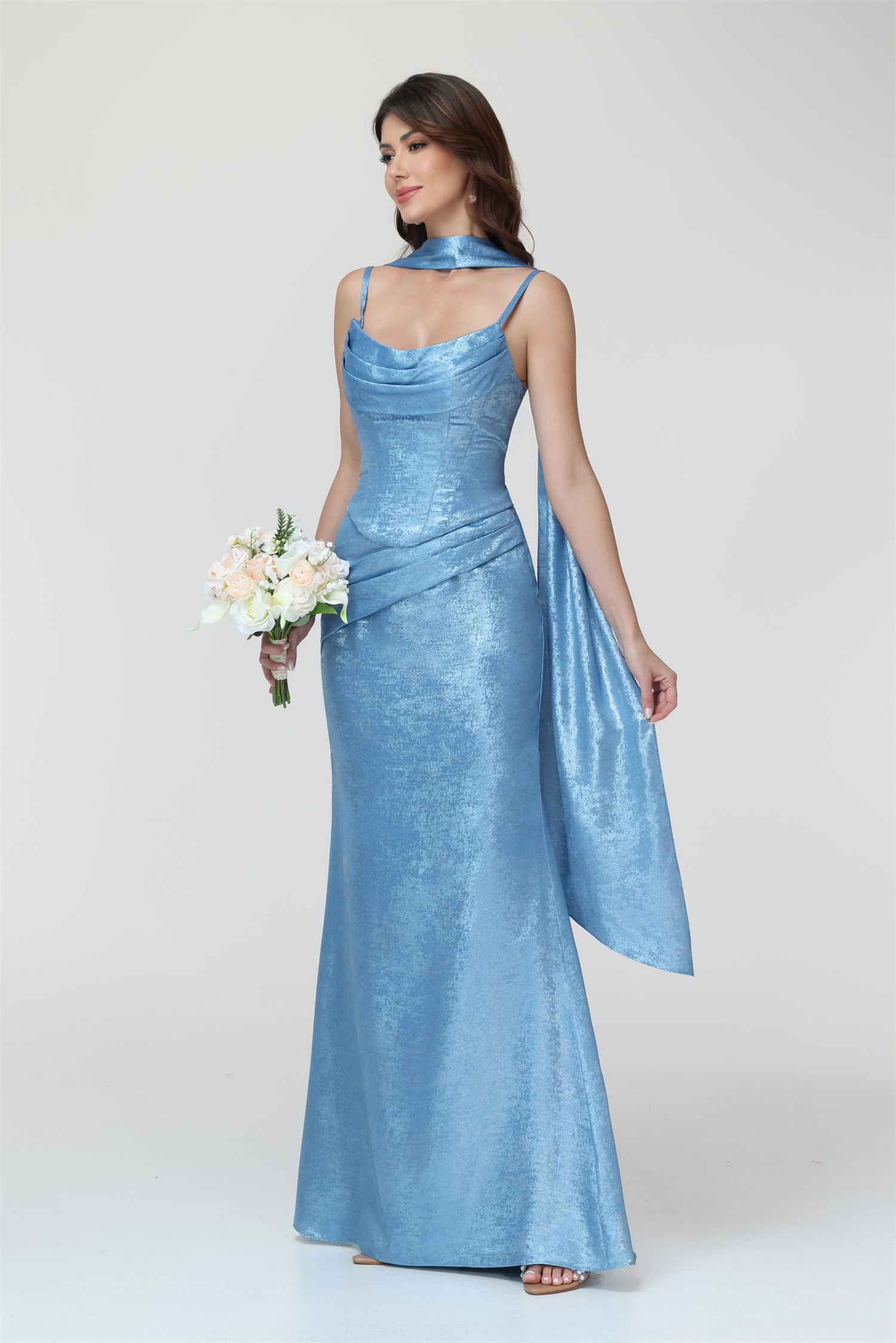 Mermaid Spaghttei Straps Prom Dress 2 Pieces Bridesmaid Dress with Scarf #BM2512054