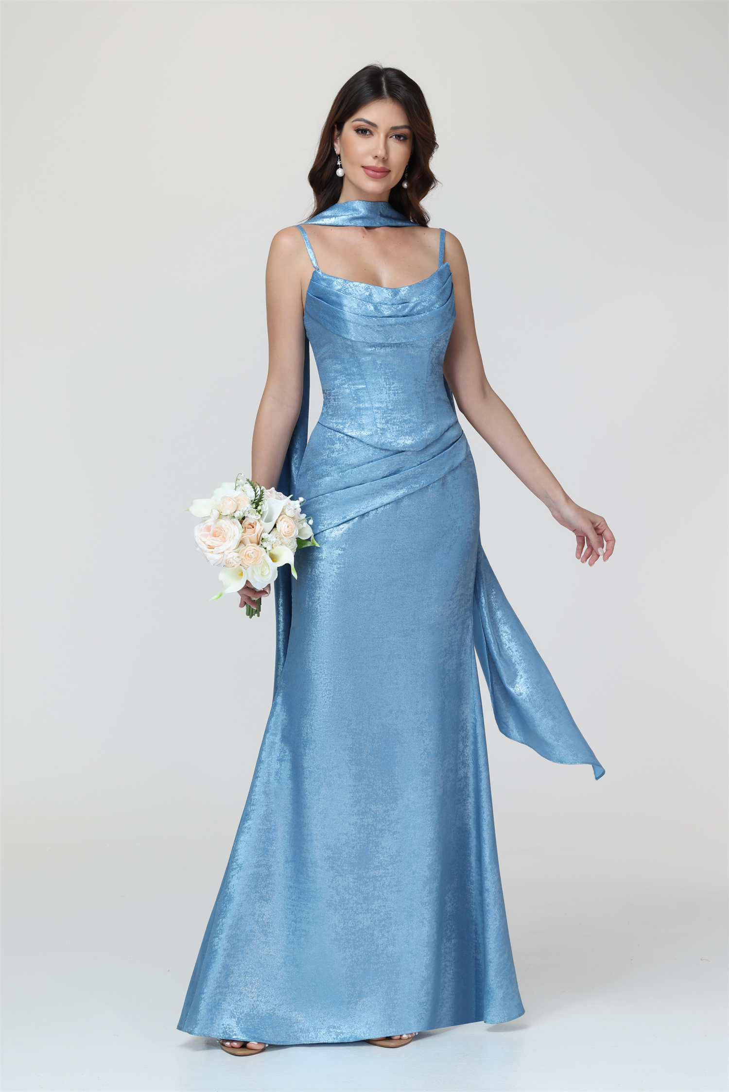 Mermaid Spaghttei Straps Prom Dress 2 Pieces Bridesmaid Dress with Scarf #BM2512054