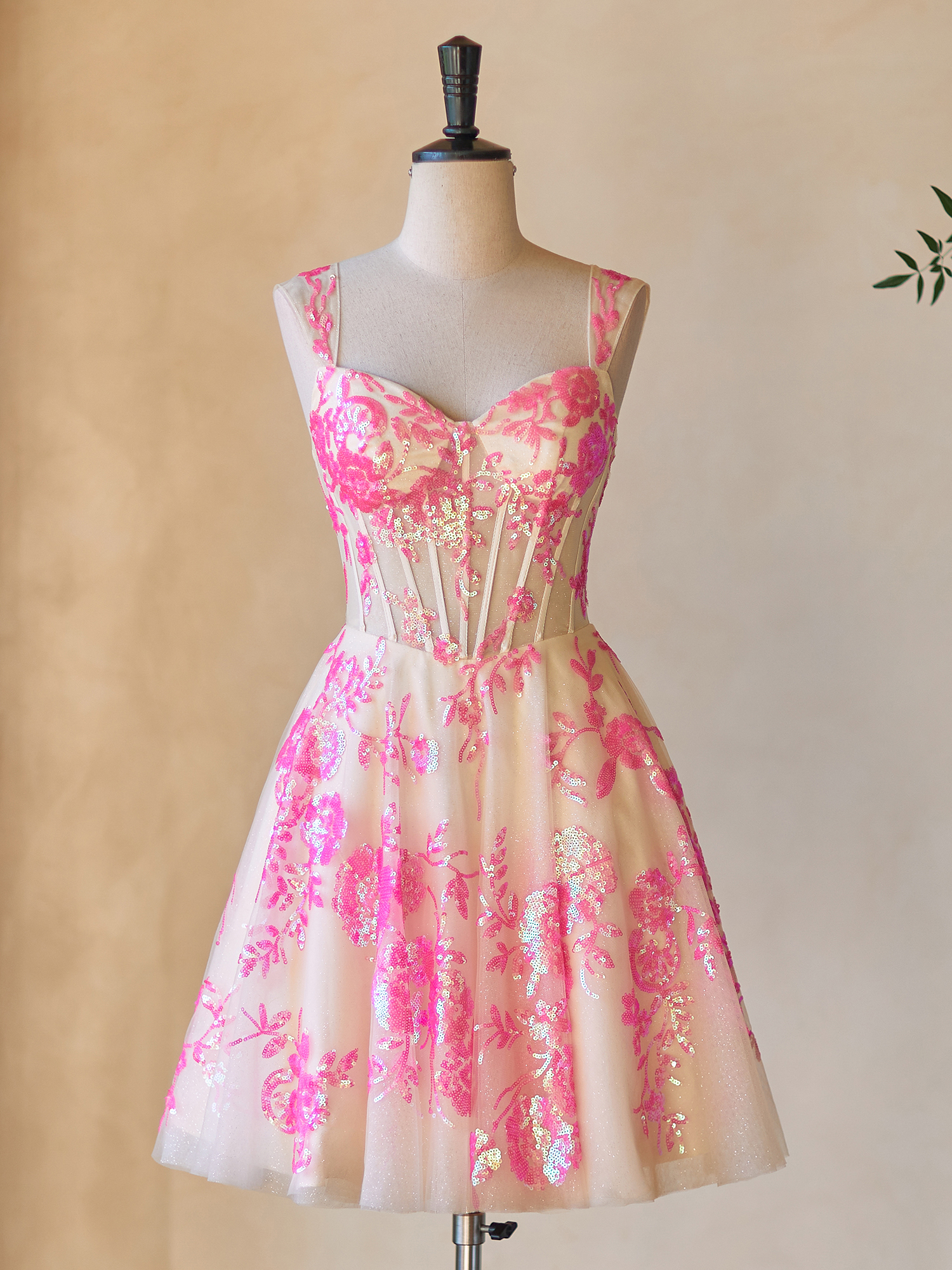 A-line Sweetheart Sparkly Tulle Floral Sequin Homecoming Dress #HC2402136
