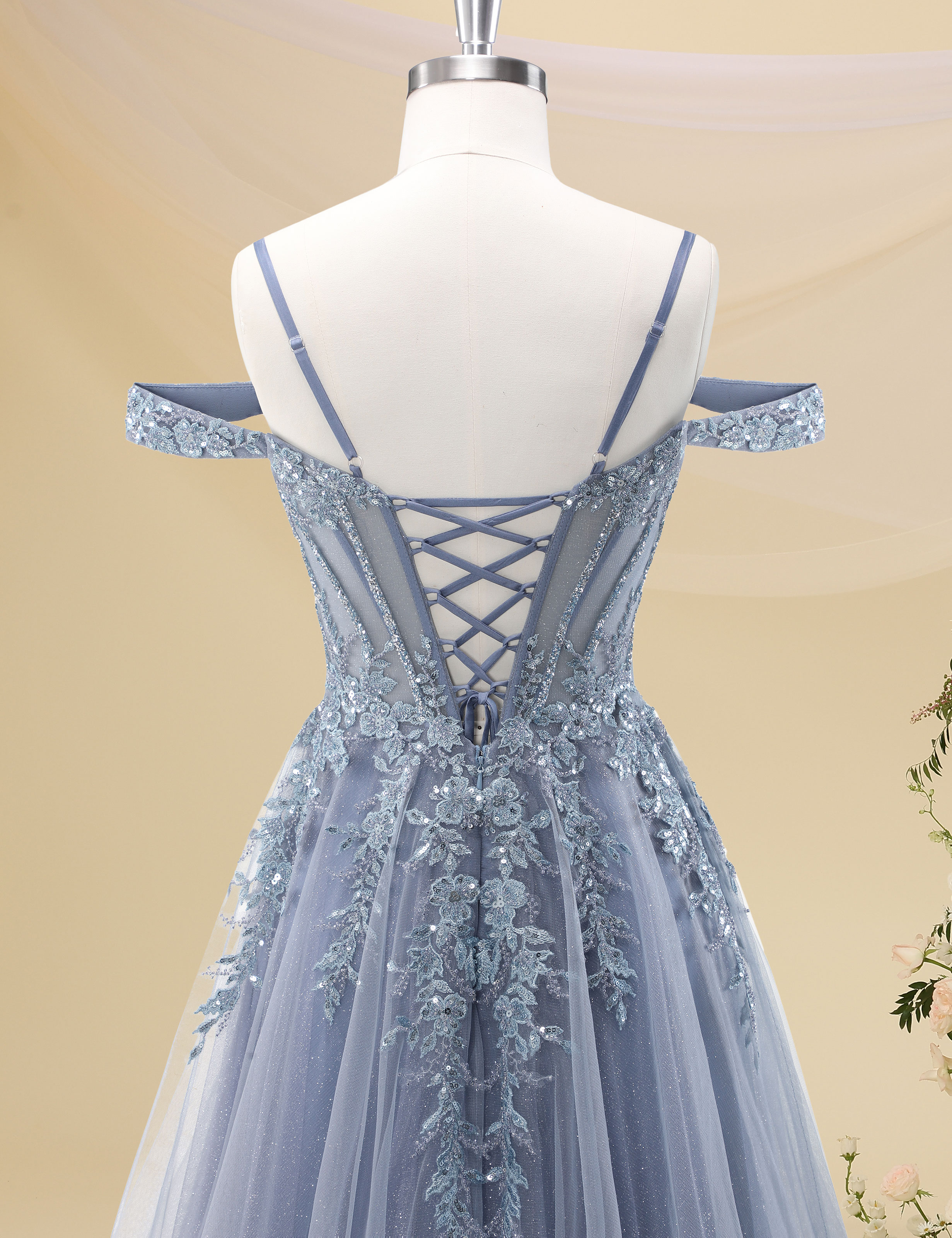 A-line Sweetheart Off Shoulder Corset Lace Appliques Sparkly Tulle Prom Dress #PR2511040