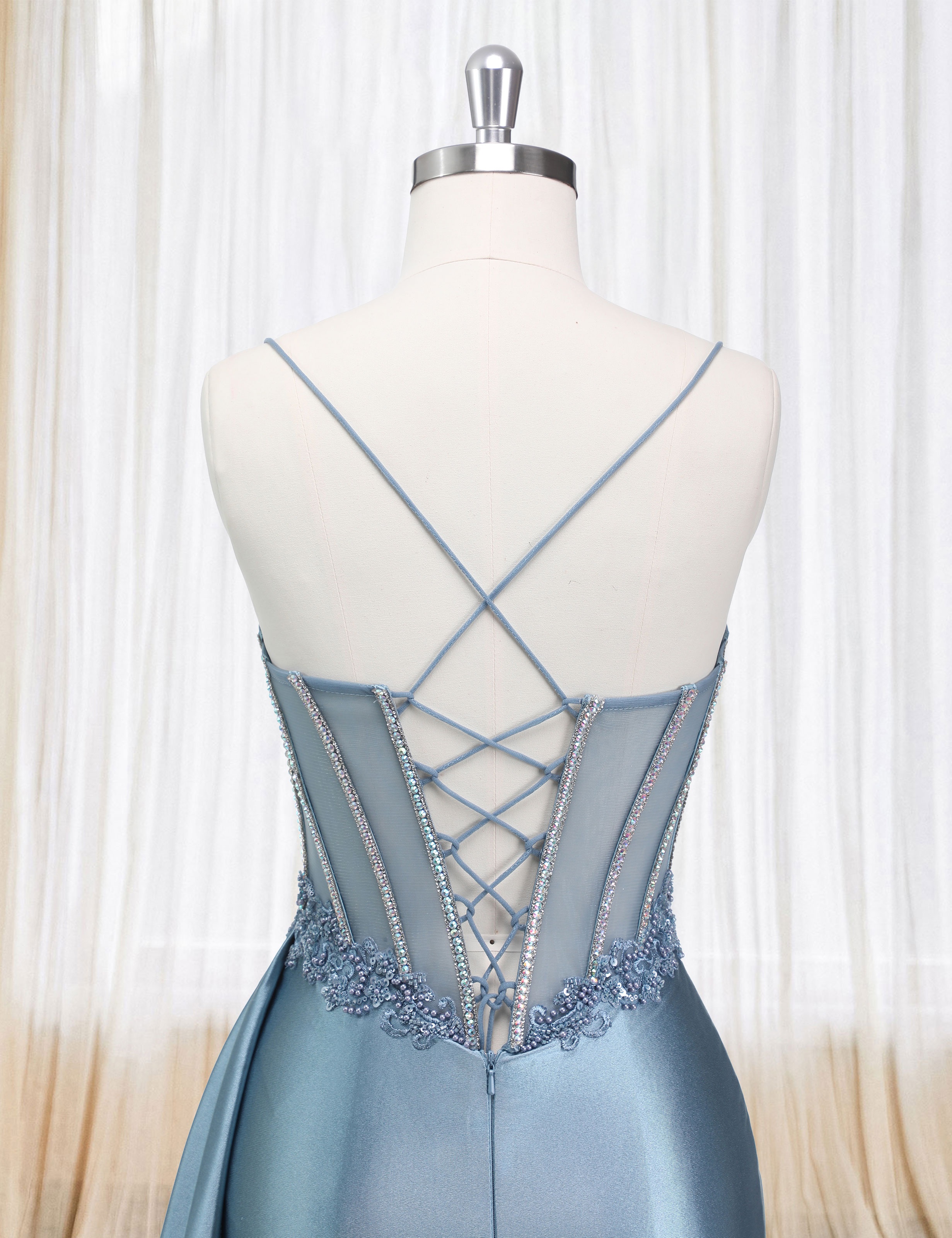 Mermaid Spaghetti Straps Pleated Satin Beaded Slit Prom Dress #PR2510011