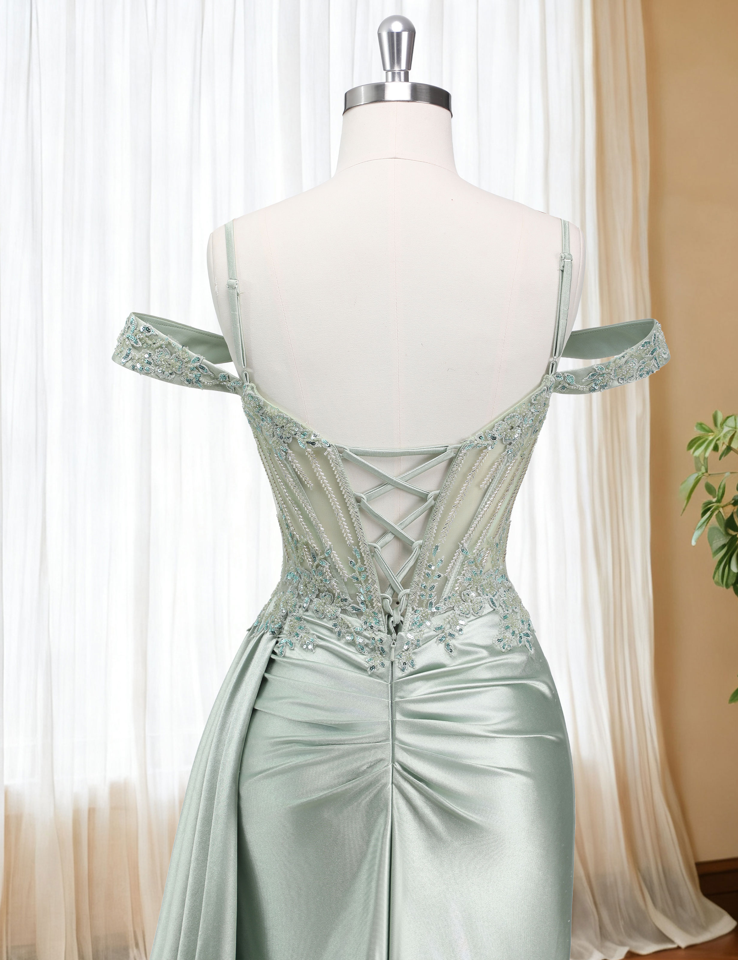 Mermaid Off Shoulder Beaded Sequin Appliques Satin Slit Prom Dress #PR2510009