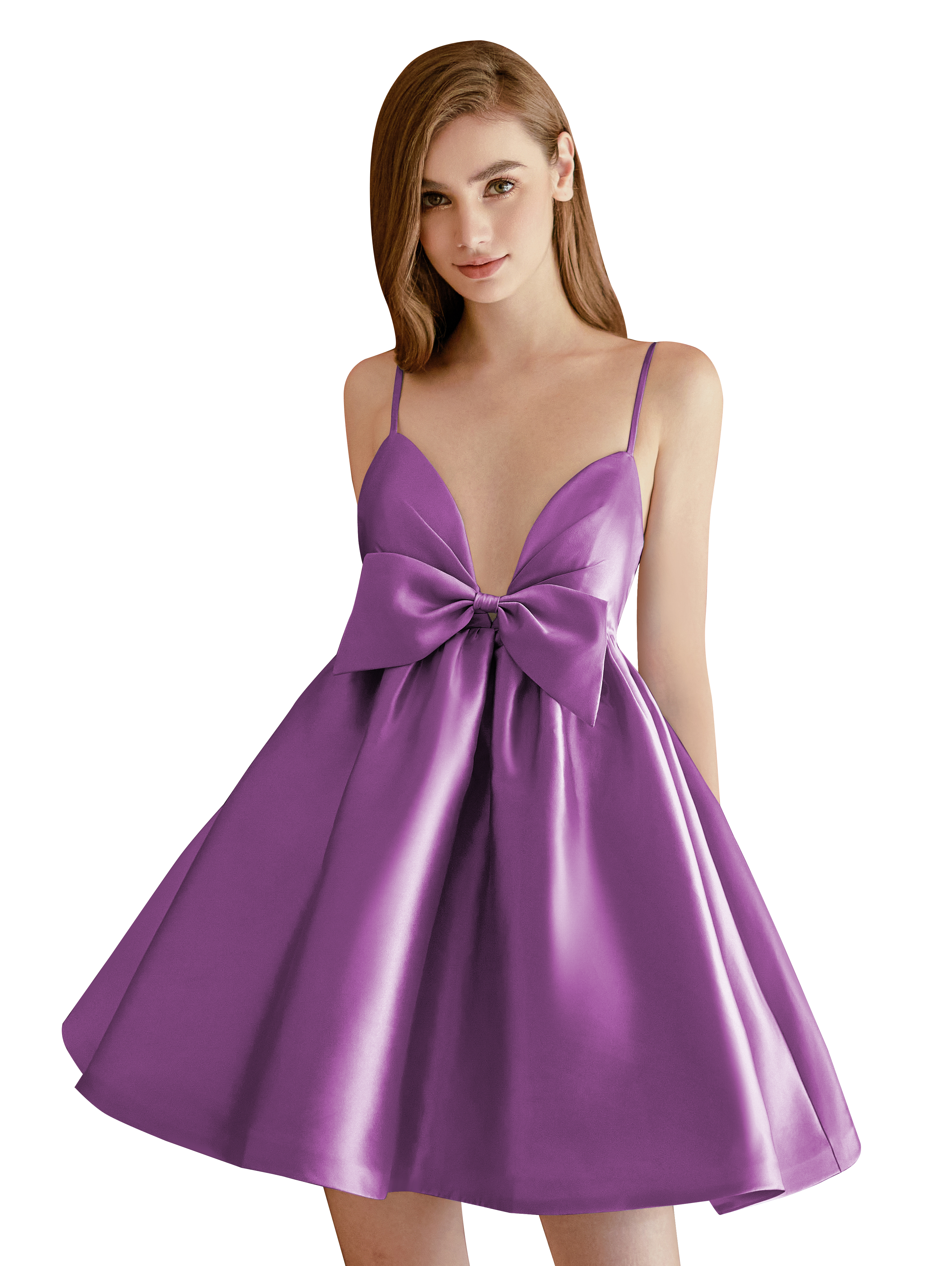 A-line V-neck Spaghetti Strap Satin Cocktail Party Homecoming Dress with Bows #HC2604024