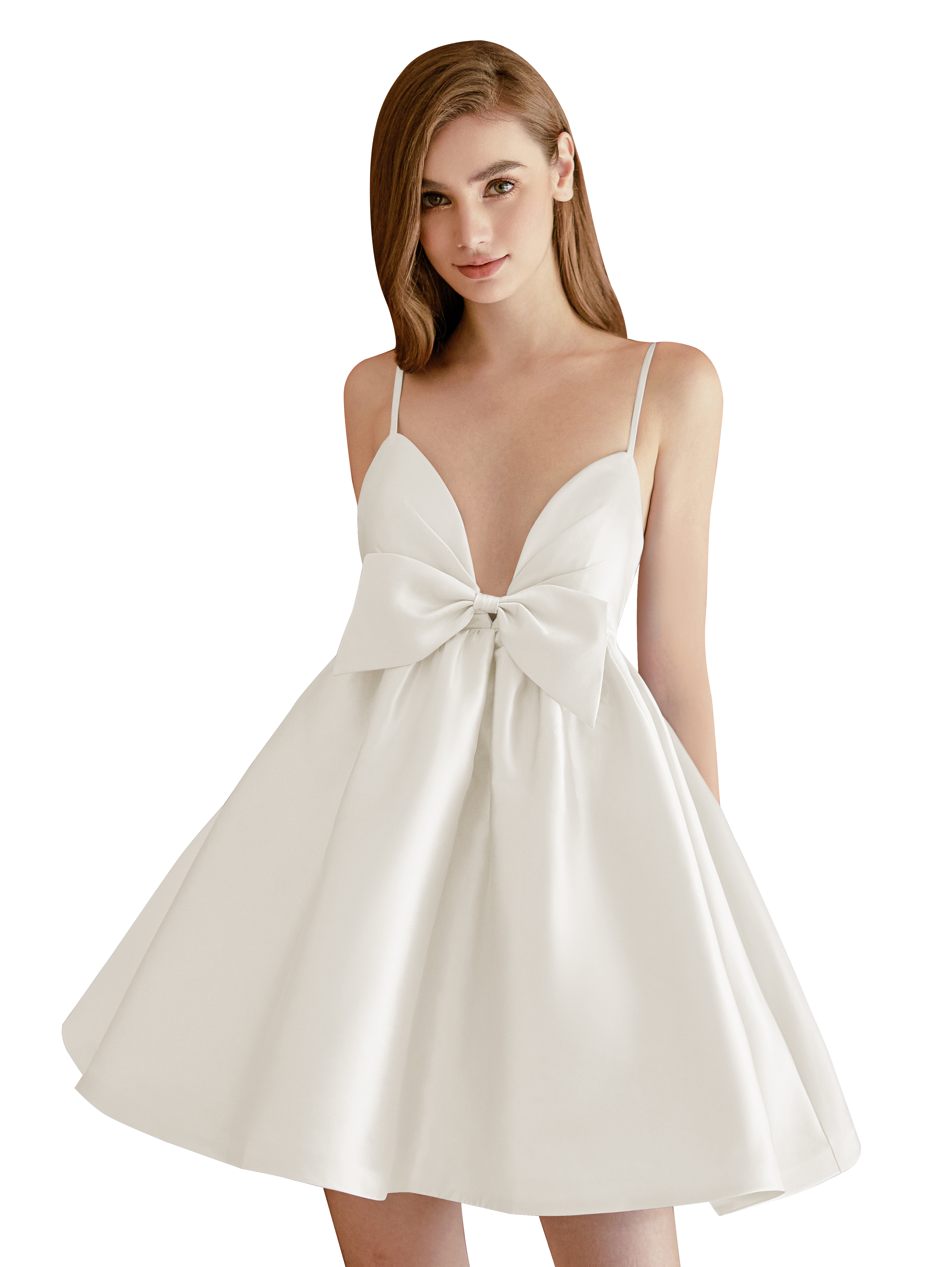 A-line V-neck Spaghetti Strap Satin Cocktail Party Homecoming Dress with Bows #HC2604024