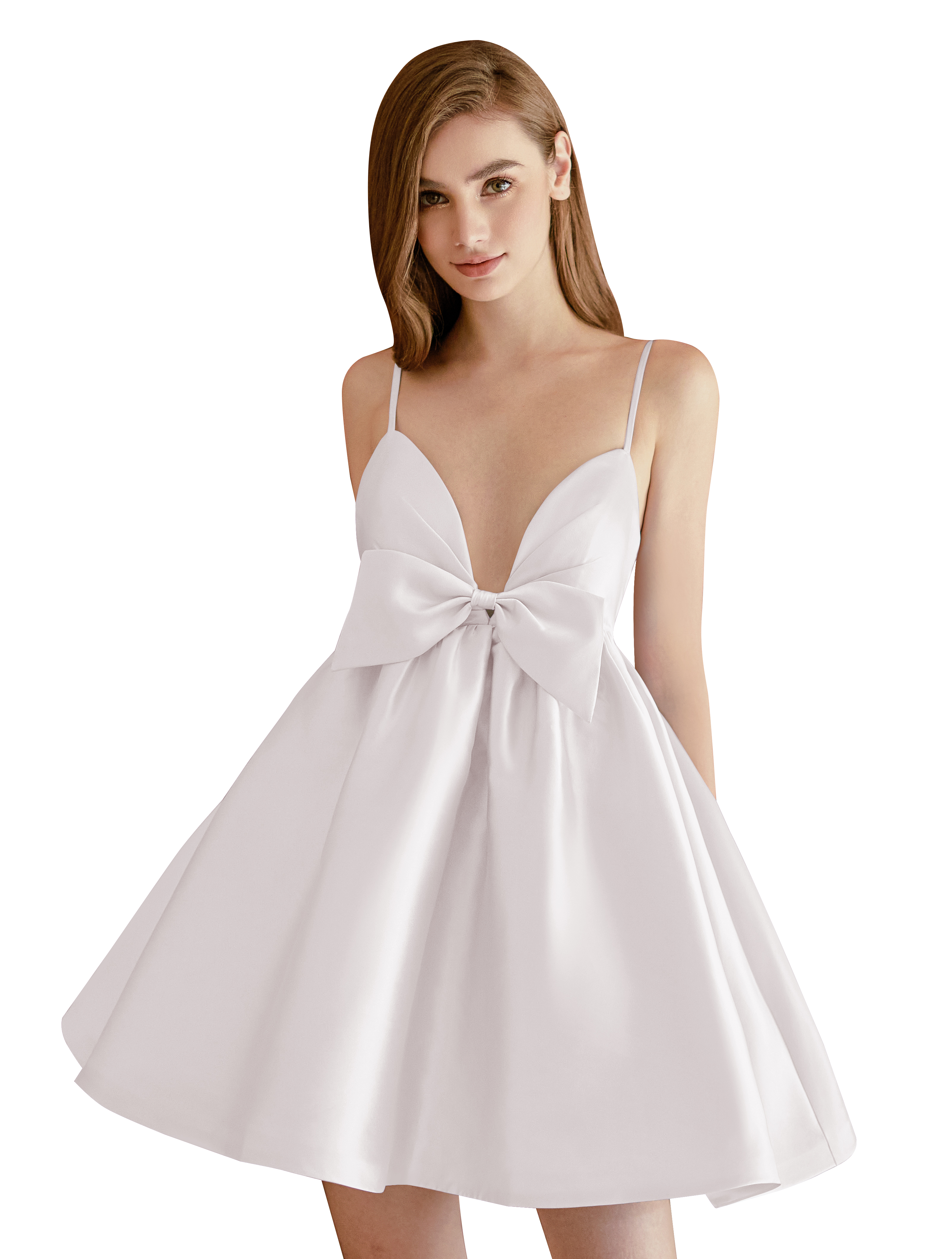 A-line V-neck Spaghetti Strap Satin Cocktail Party Homecoming Dress with Bows #HC2604024