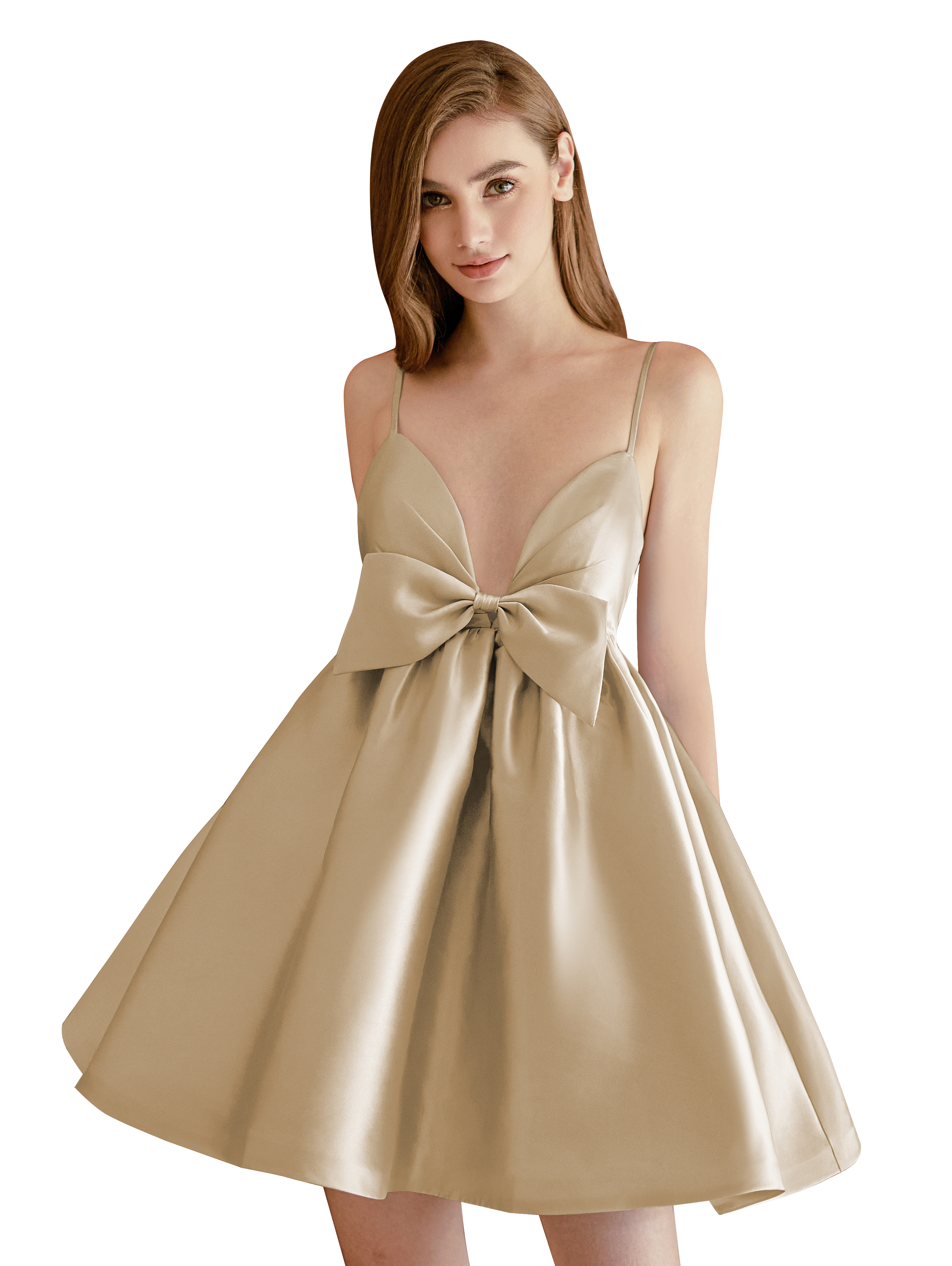 A-line V-neck Spaghetti Strap Satin Cocktail Party Homecoming Dress with Bows #HC2604024