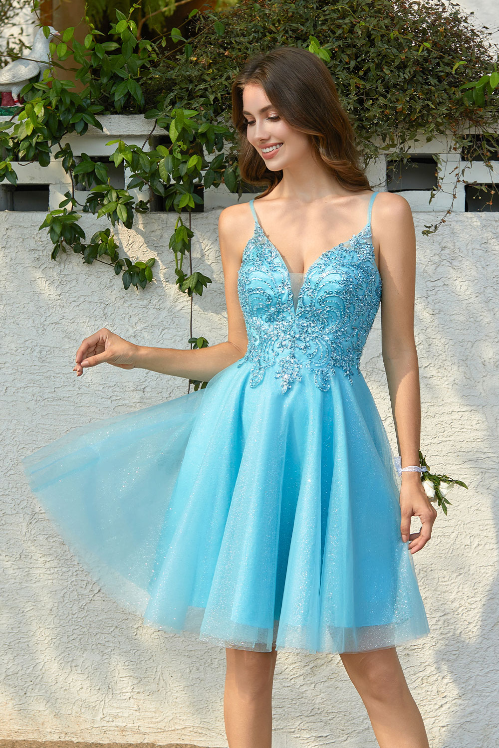 A-line V-neck Spaghetti Strap Sparkly Beaded Tulle Homecoming Dress #HC2401940