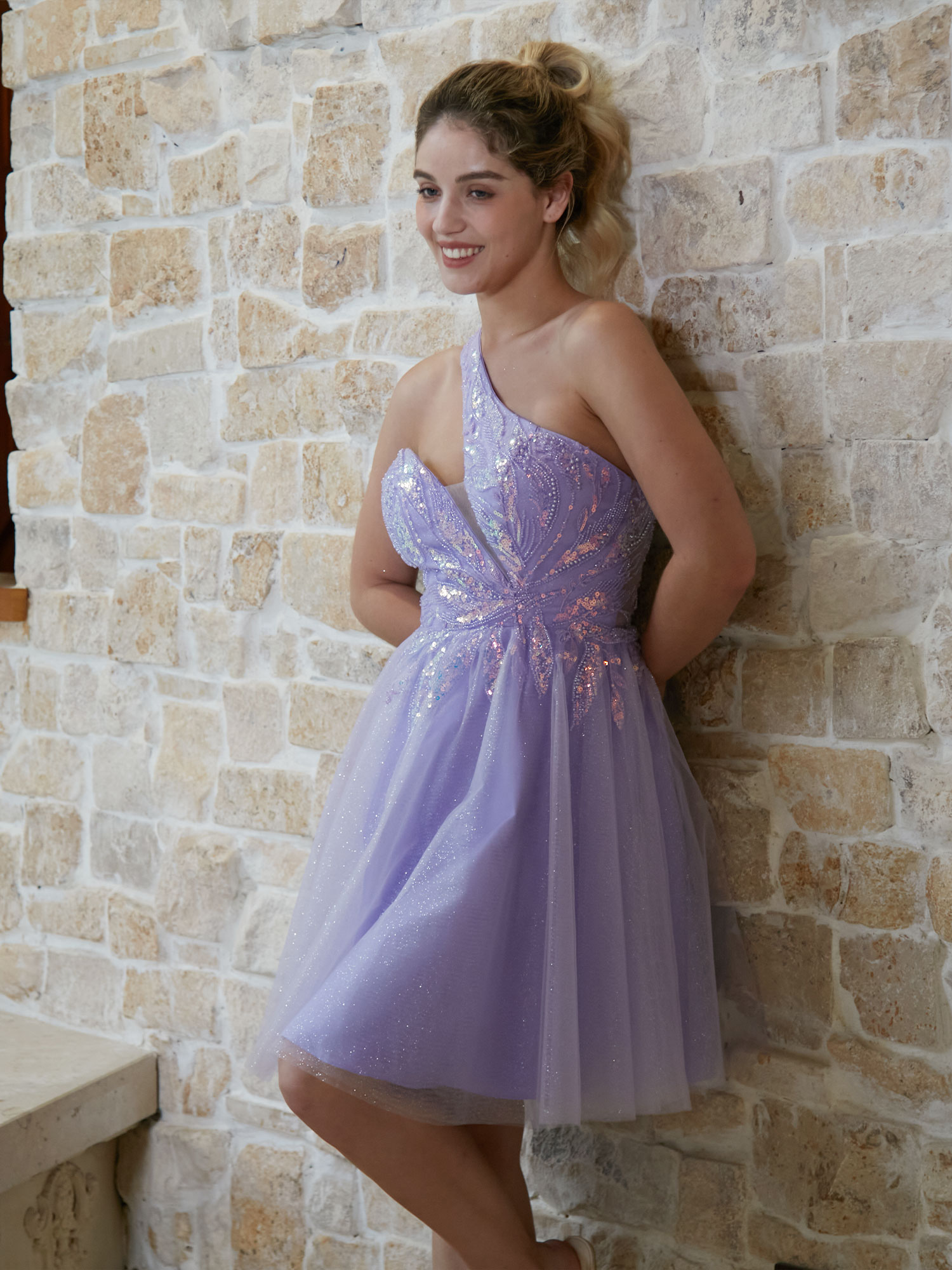 A-line One Shoulder Sequin Lace Beaded Cocktail Party Homecoming Dress #HC2604029