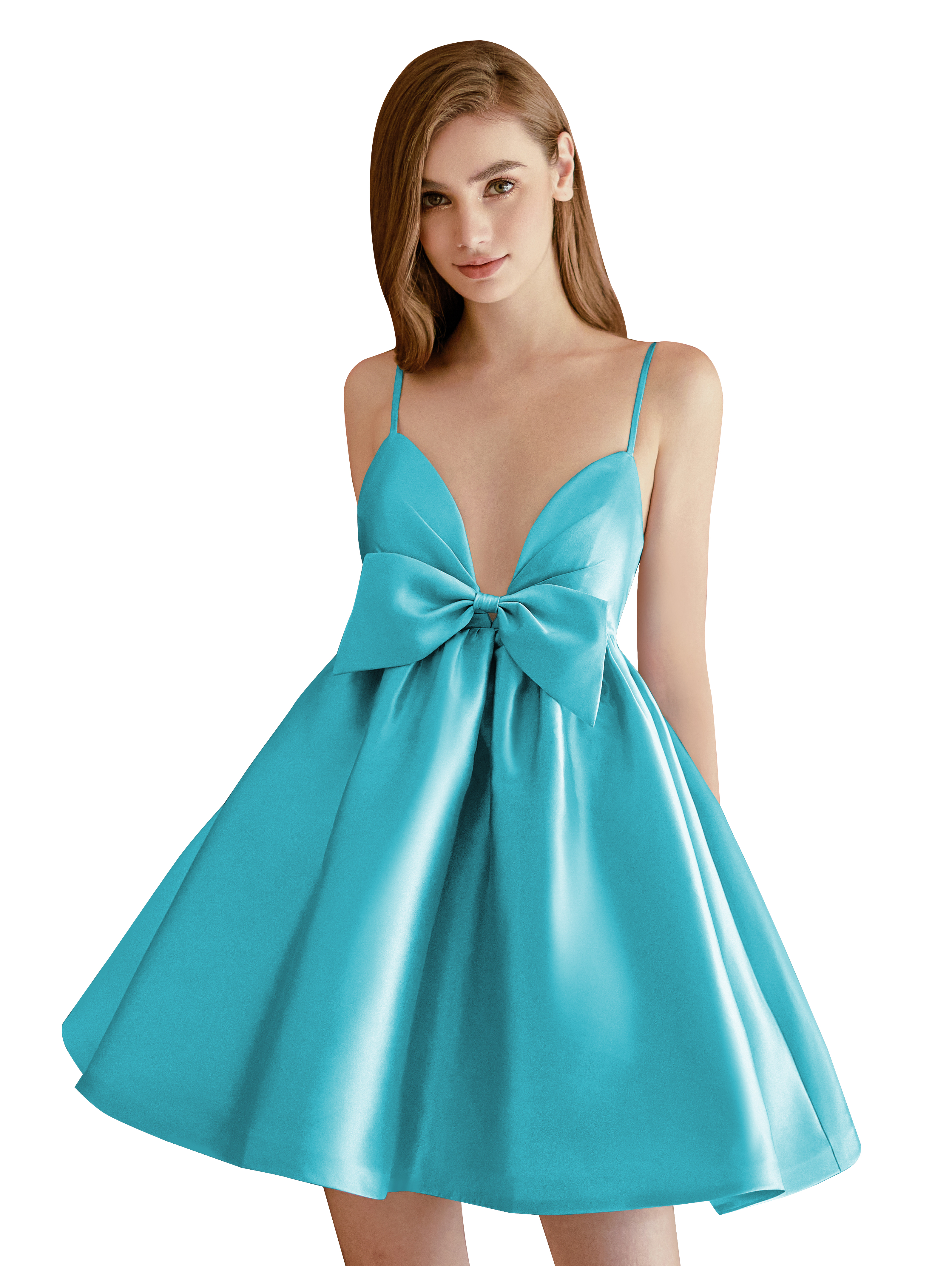 A-line V-neck Spaghetti Strap Satin Cocktail Party Homecoming Dress with Bows #HC2604024
