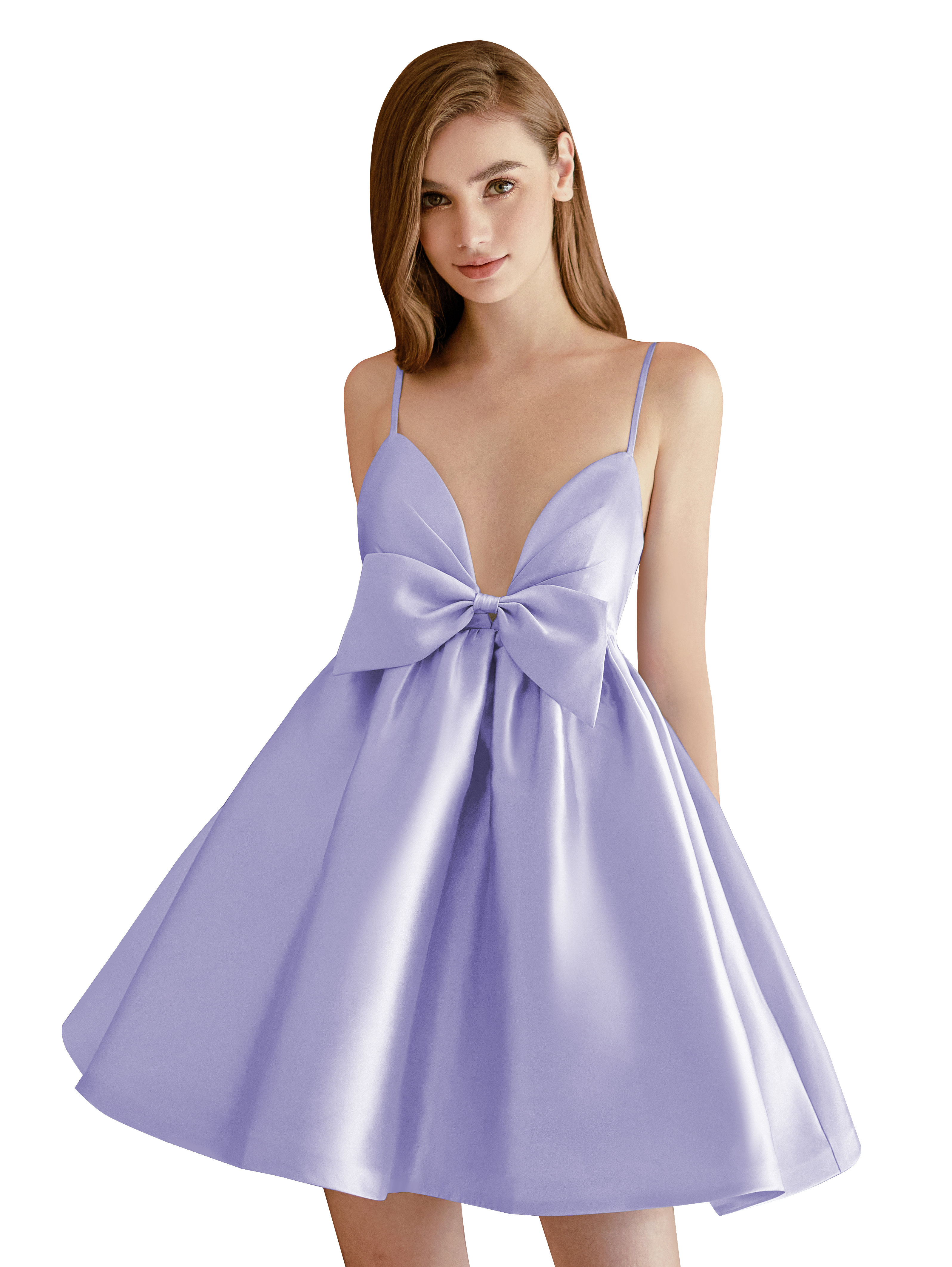 A-line V-neck Spaghetti Strap Satin Cocktail Party Homecoming Dress with Bows #HC2604024