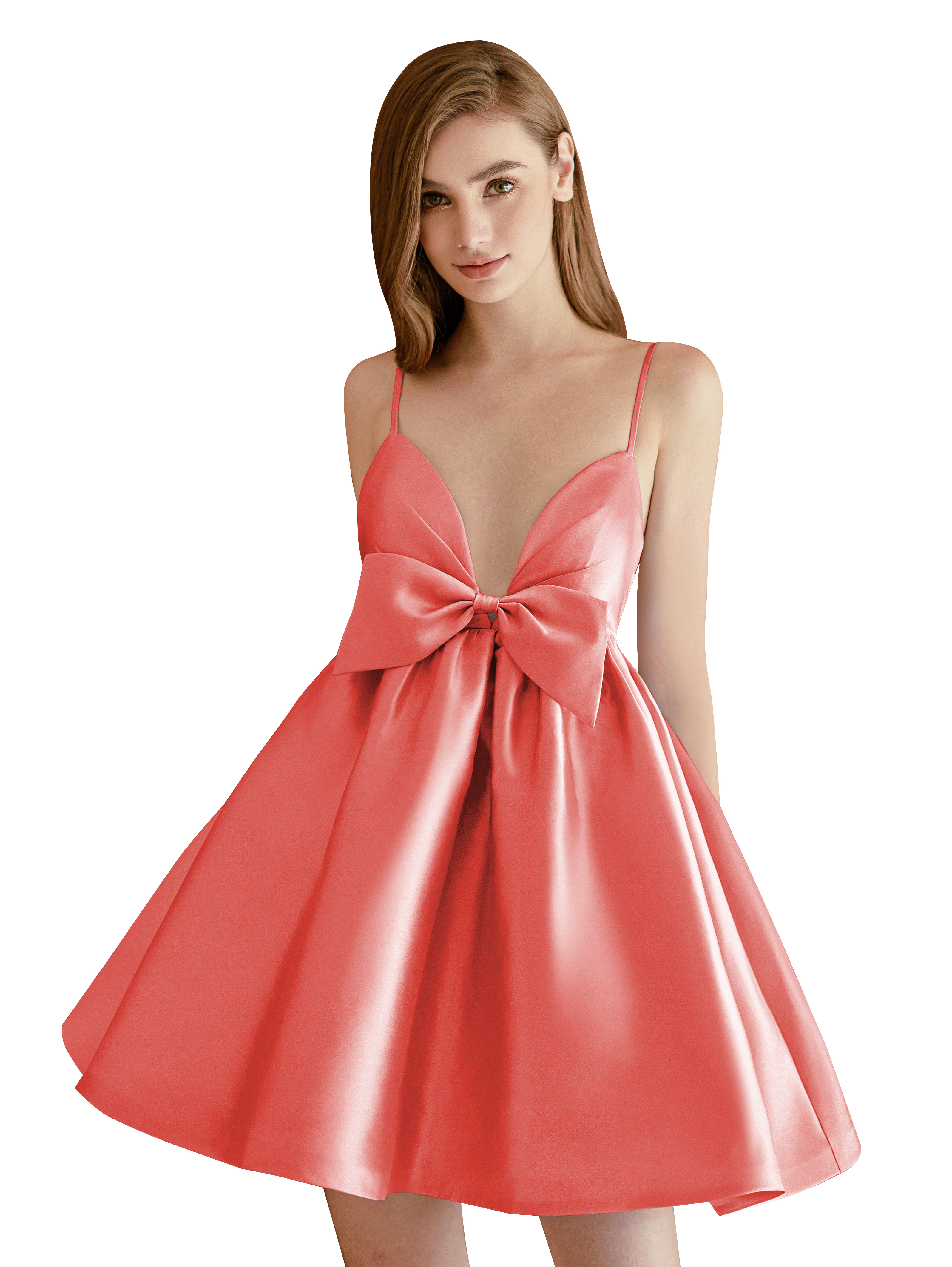 A-line V-neck Spaghetti Strap Satin Cocktail Party Homecoming Dress with Bows #HC2604024