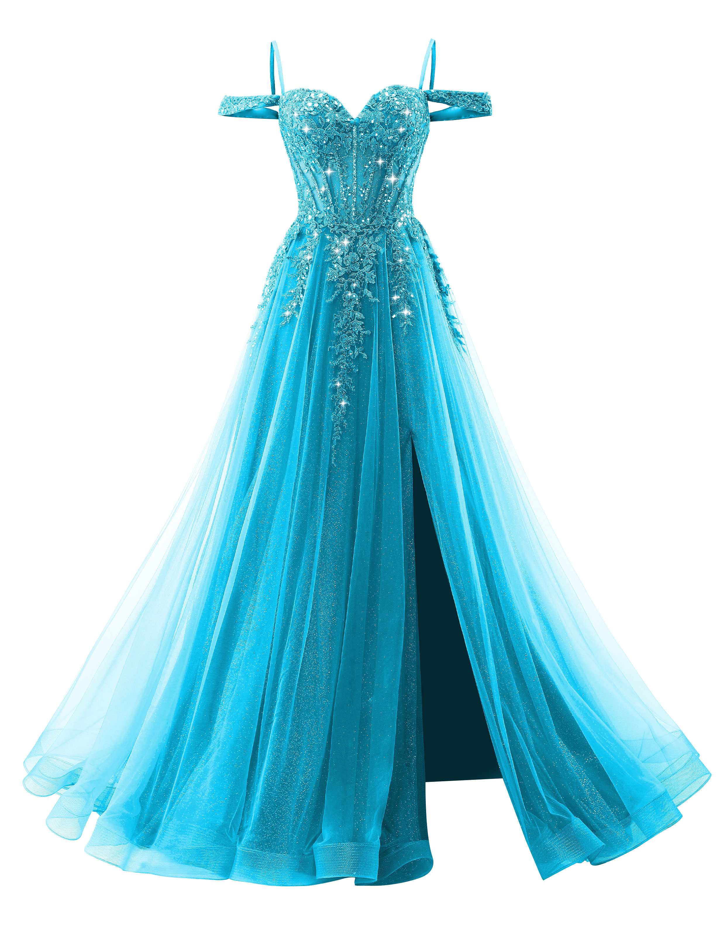 A-line Sweetheart Off Shoulder Corset Lace Appliques Sparkly Tulle Prom Dress #PR2511040