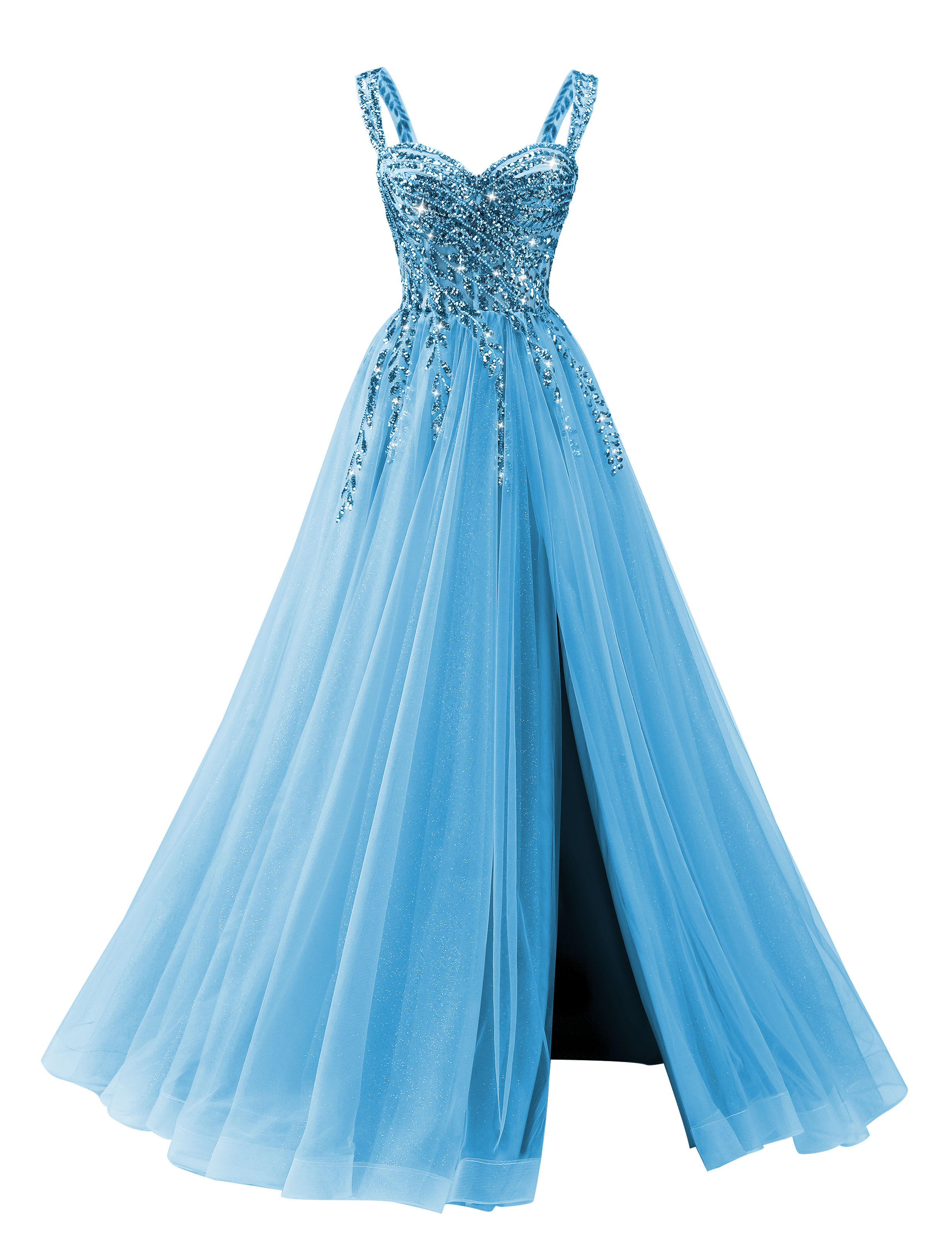 A-line Sweetheart Sparkly Tulle Sequins Beaded Slit Corset Prom Dress #PR2512071