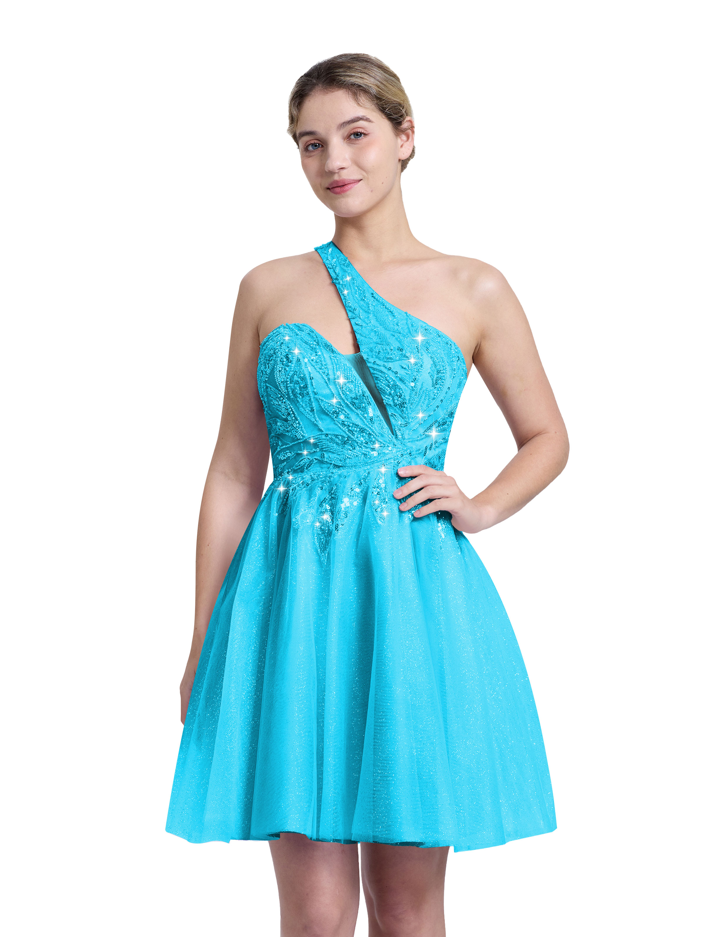 A-line One Shoulder Sequin Lace Beaded Cocktail Party Homecoming Dress #HC2604029