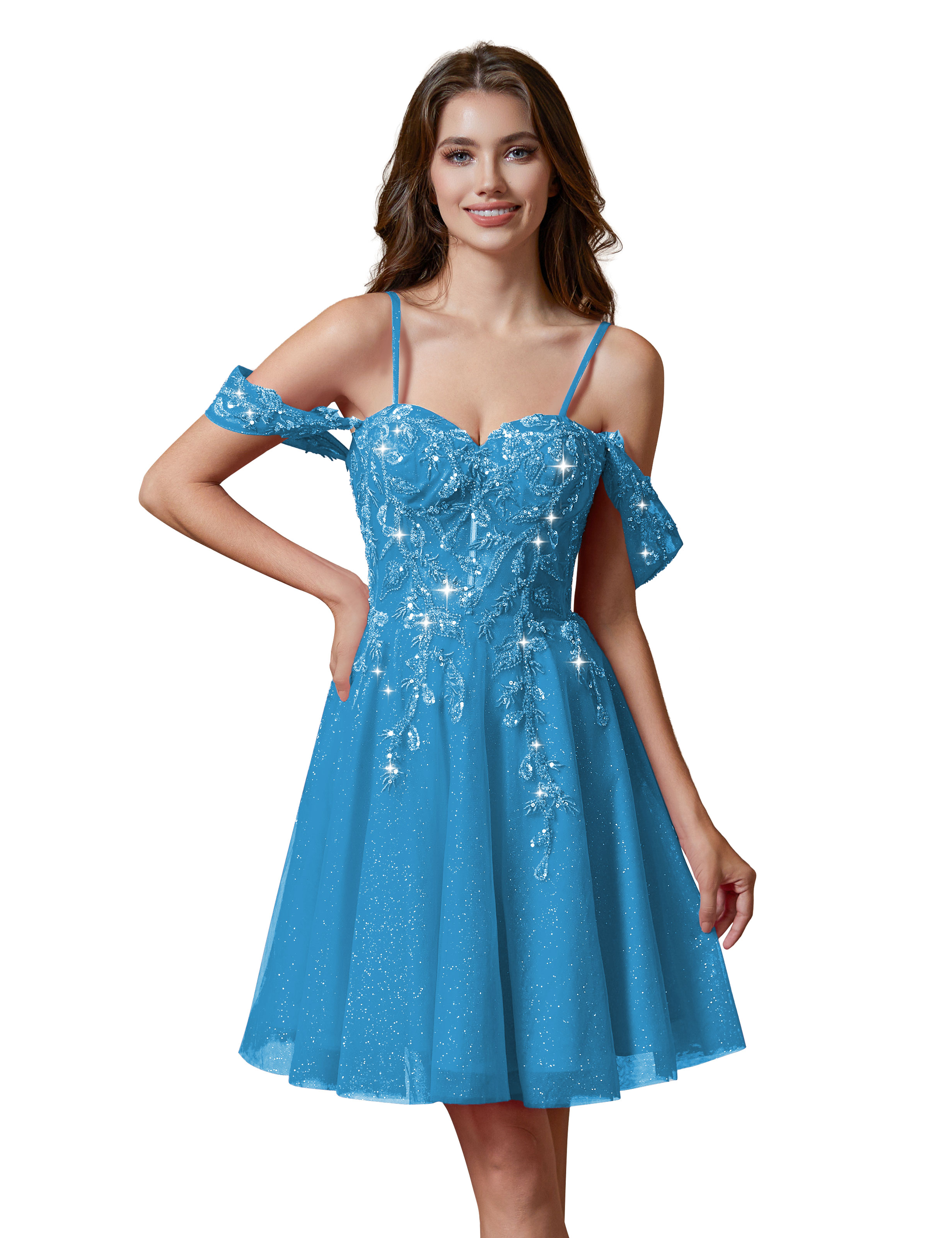 A-line Spaghetti Straps Lace Applique Cocktail Party Homecoming Dress #HC2401237