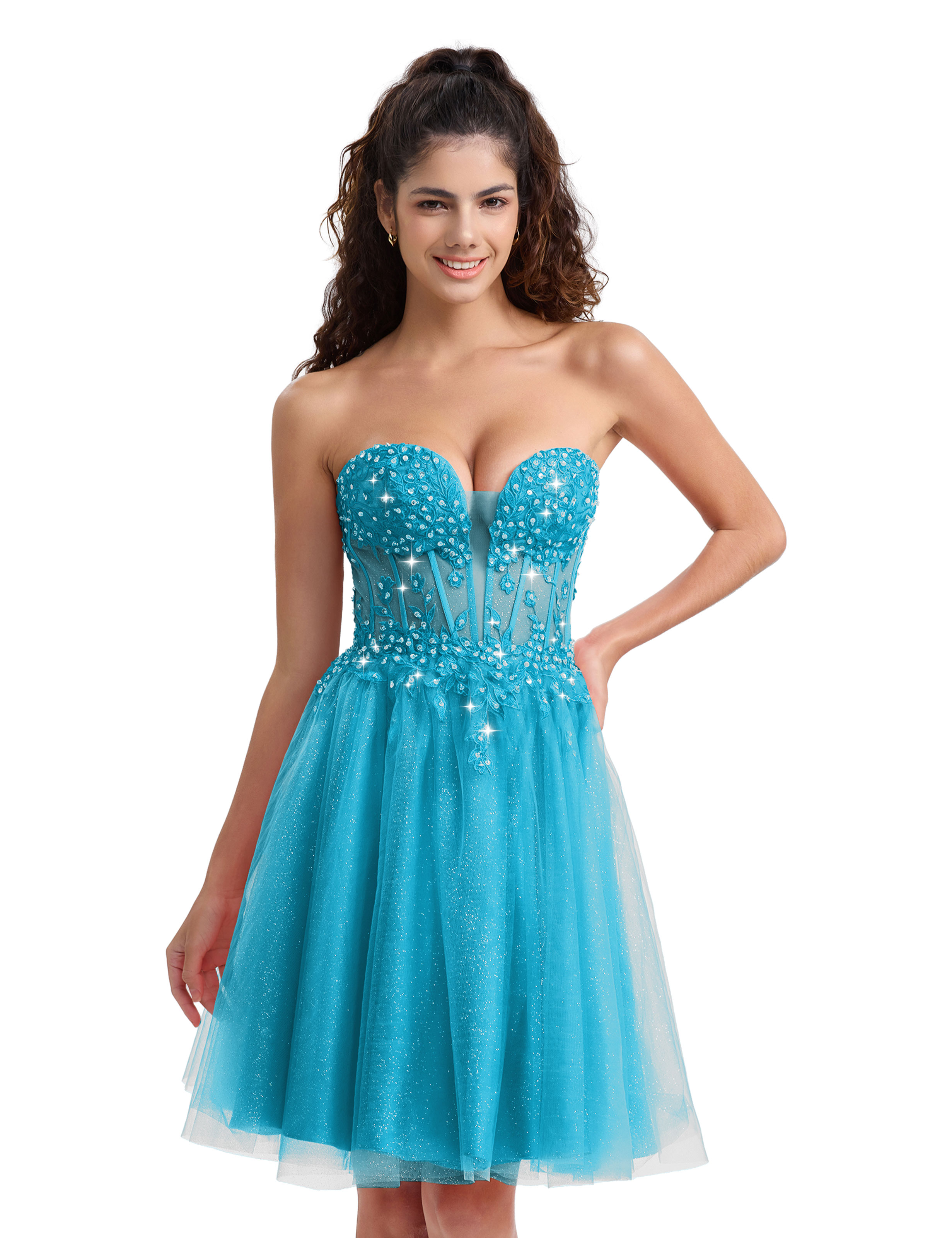 A-line Sweetheart Tulle Lace Appliques Homecoming Dress #HC2604033