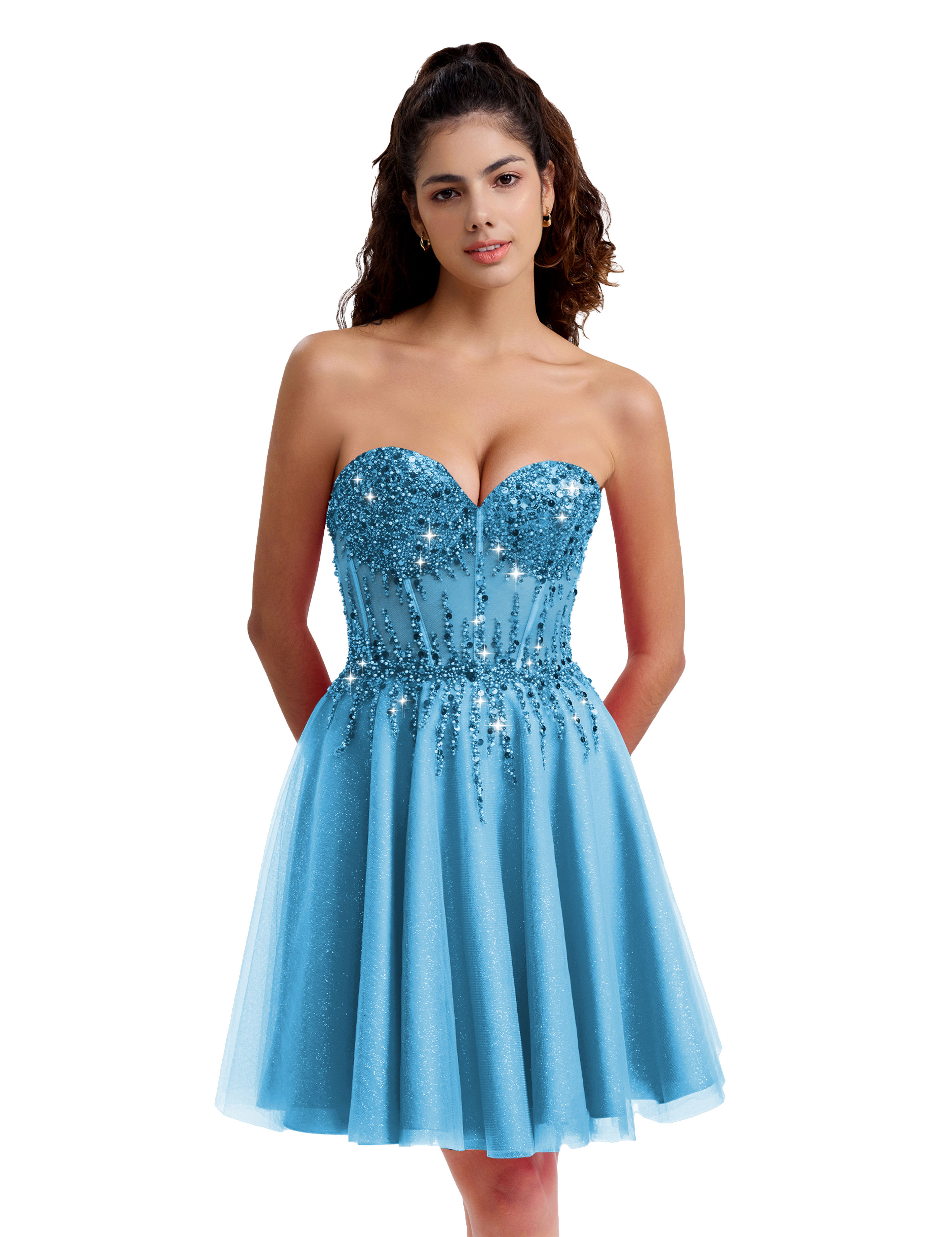 Sparkly A-line Sweetheart Tulle Beaded Party Homecoming Dress #HC2402135