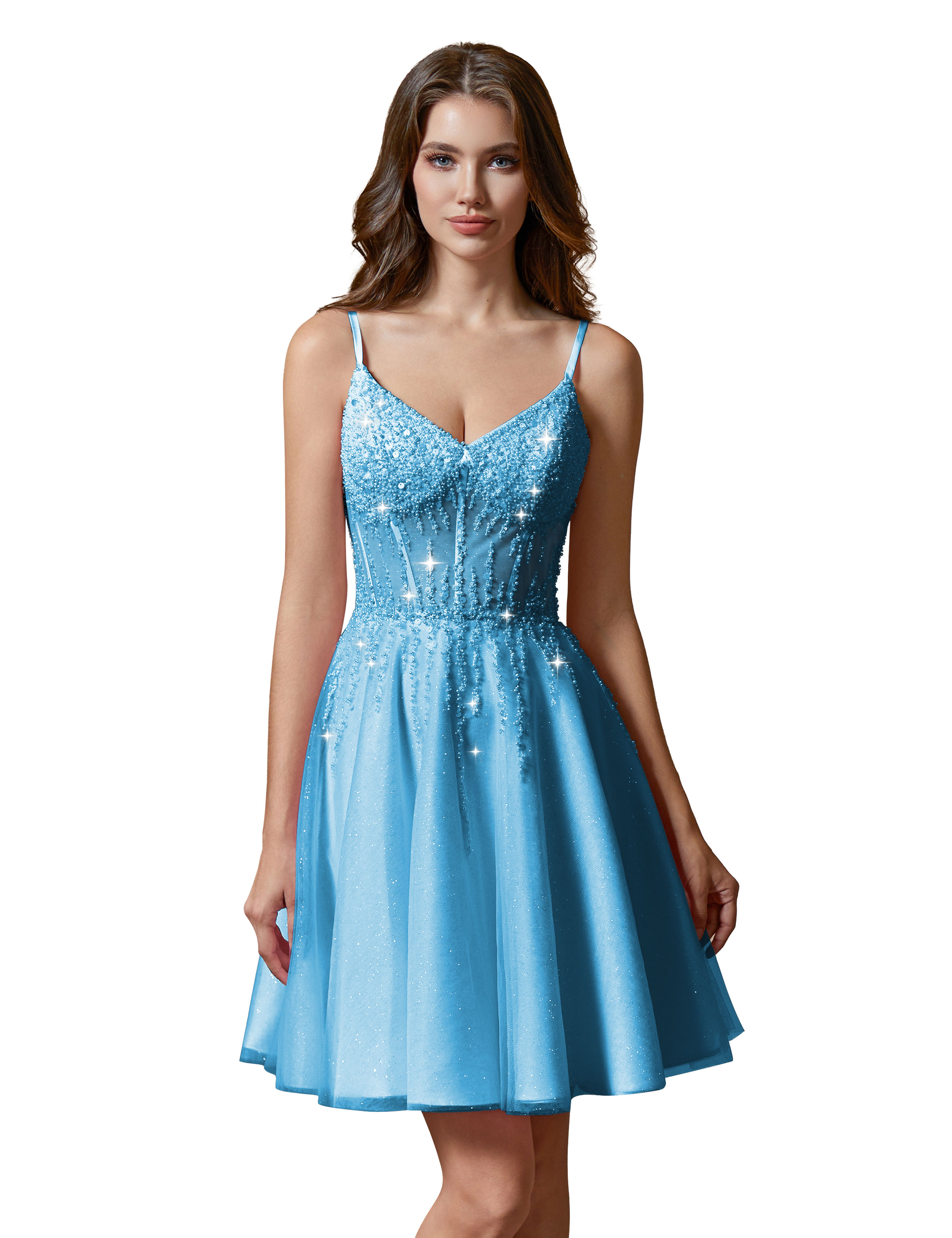 A-line V-Neck Sparkly Tulle Lace Appliques Homecoming Dress #HC2401738