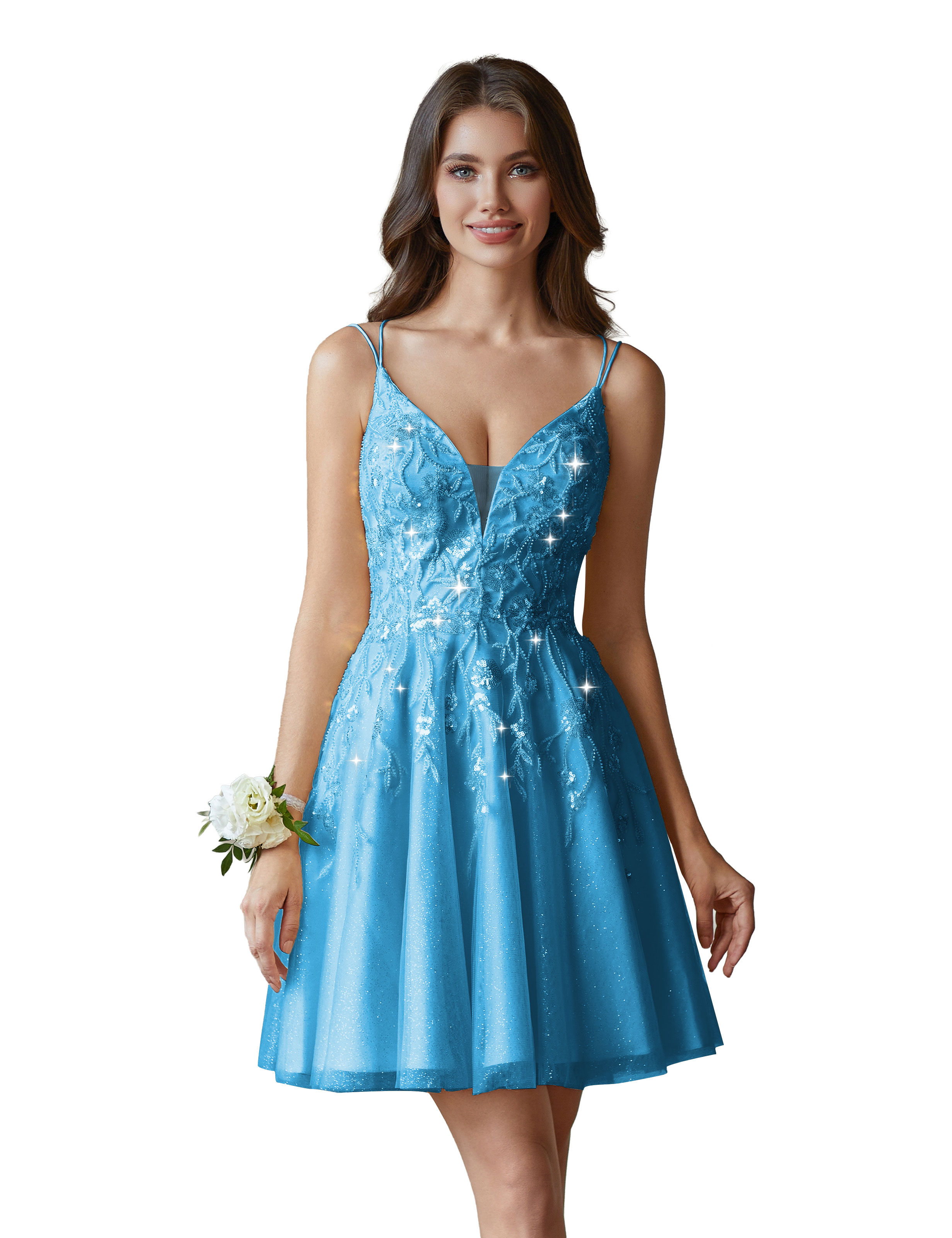 V-Neck Sspaghetti Strap Sparkly Lace Sequin Short Tulle Homecoming Dress #HC2604021