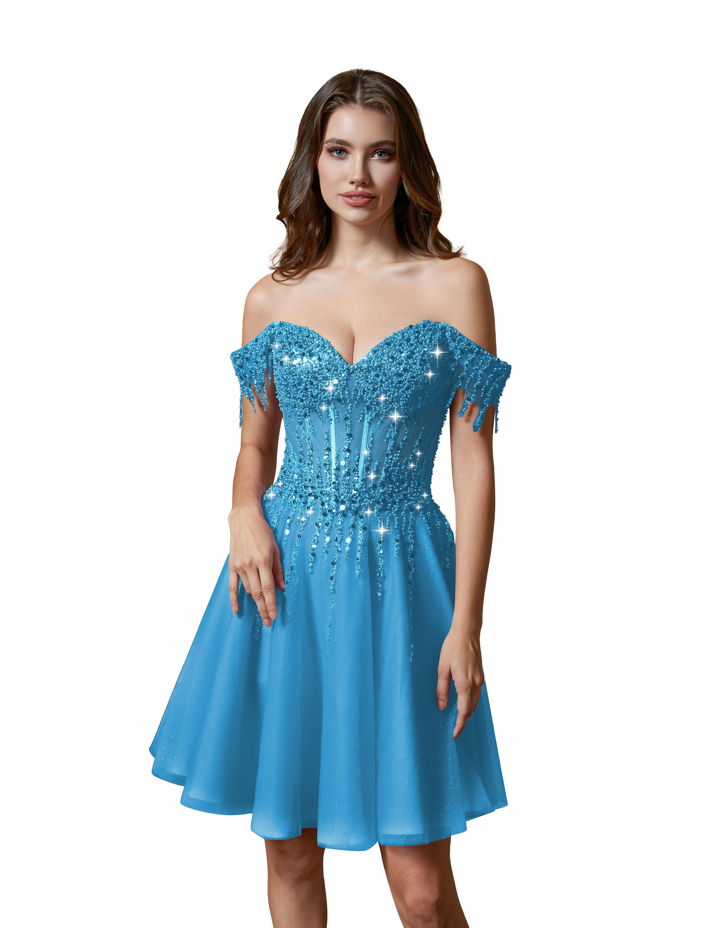 A-line Off Shoulder Lace Appliques Sparkly Sequin Tulle Homecoming Dress #HC2401169