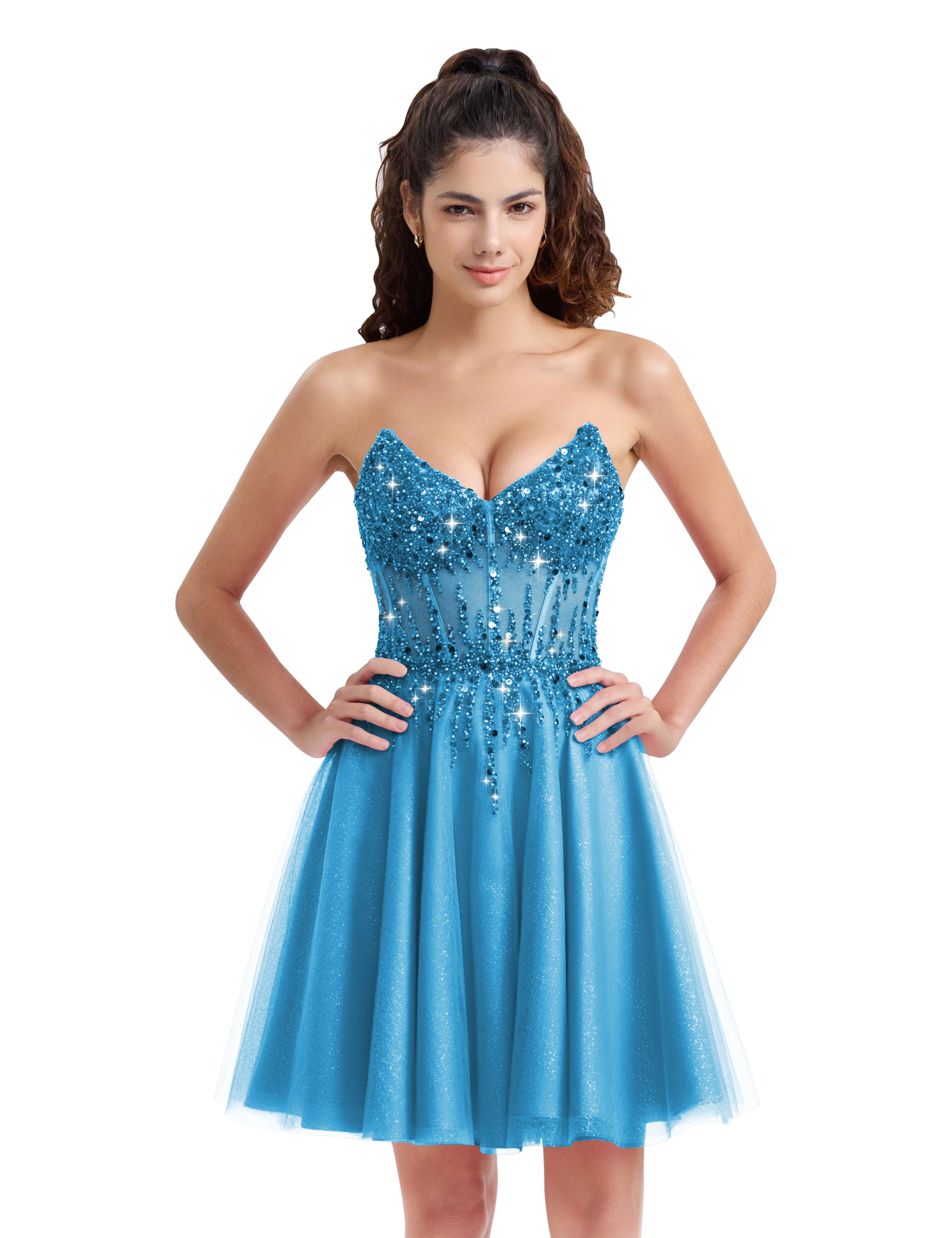 Sparkly A-line V-Neck Tulle Strapless Beaded Homecoming Dress #HC2402127
