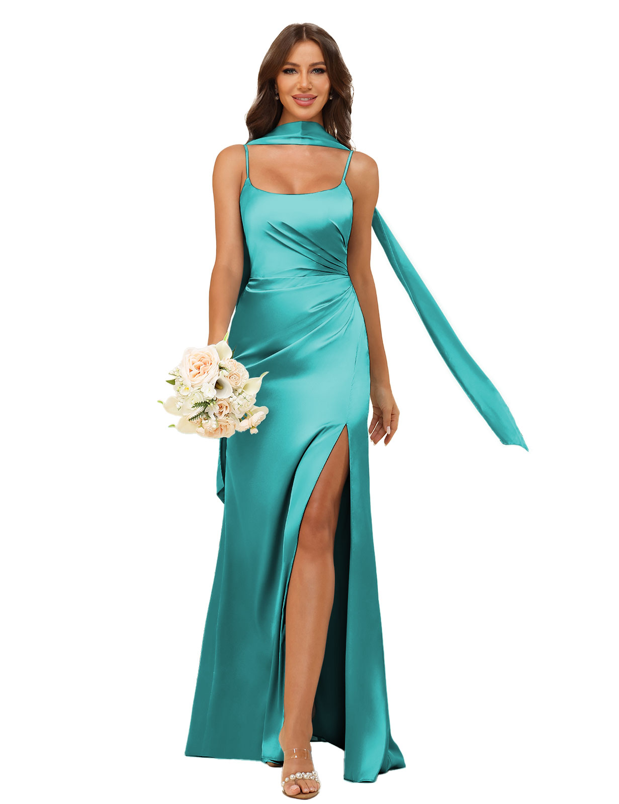 Mermaid U-neck Spaghetti Straps Satin Silt Bridesmaid Dress #BM2507145
