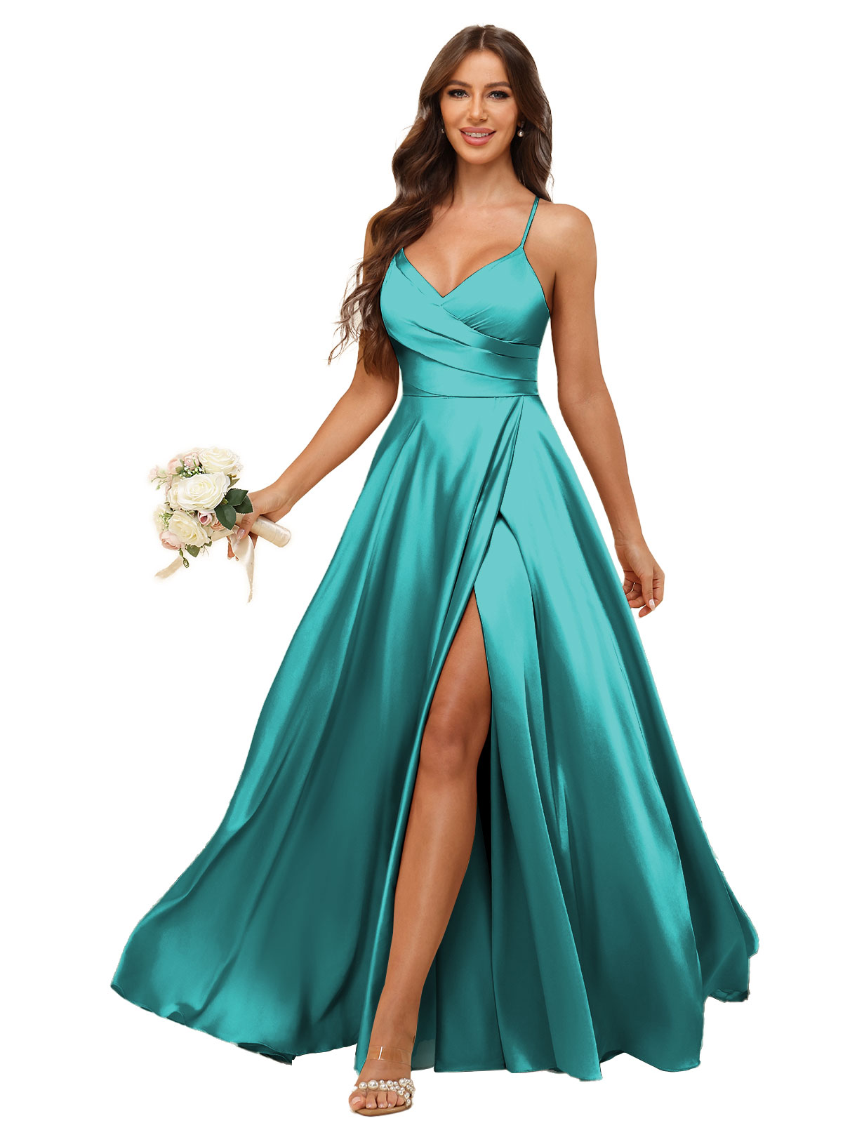 A-line V-neck Spaghetti Straps Satin Silt Bridesmaid Dress #BM2507218