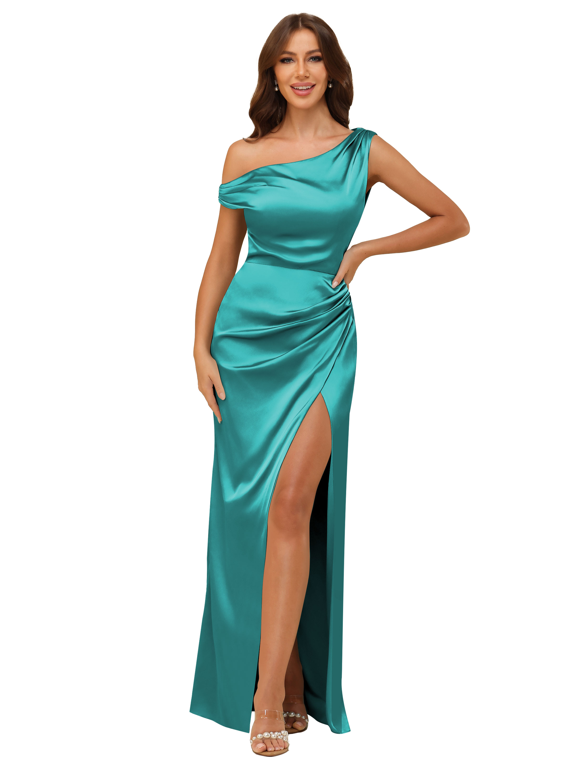 Sheath One Shoulder Satin Silt Side Zip Bridesmaid Dress #BM2507059