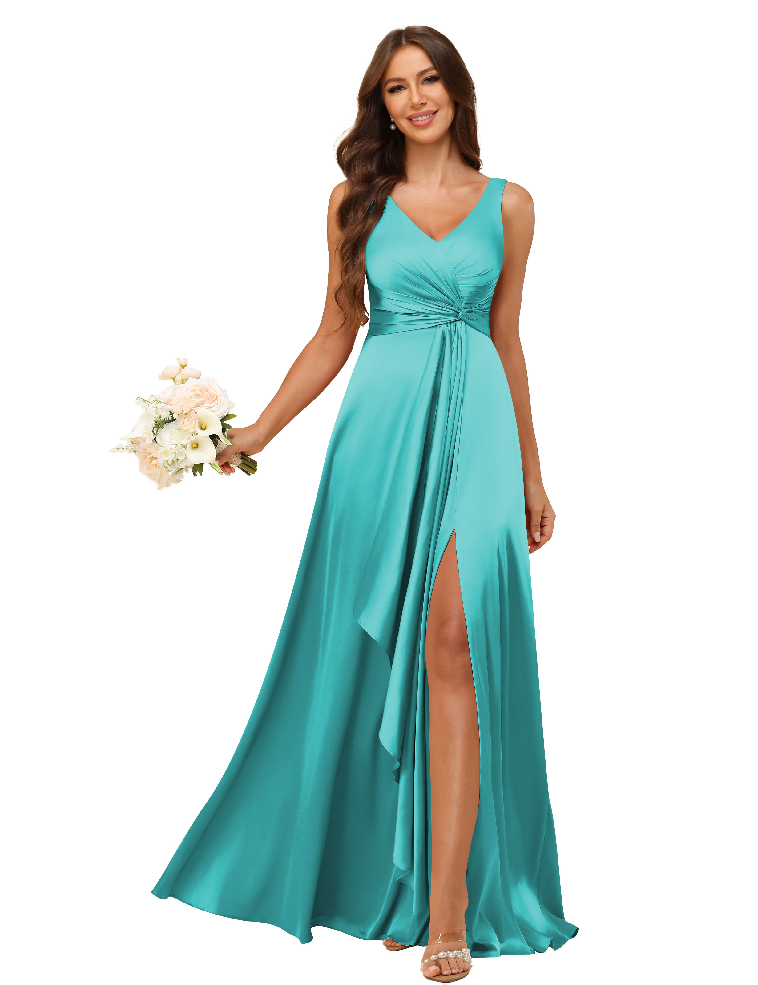 A-line V-neck Straps Satin Silt Lace Up Bridesmaid Dress #BM2507147