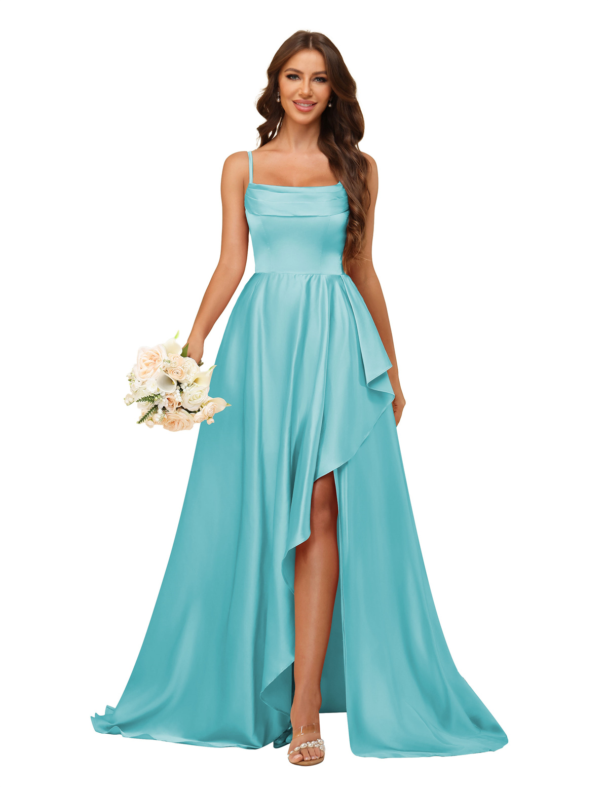 A-line U-neck Spaghetti Straps Satin Silt Bridesmaid Dress #BM2507213