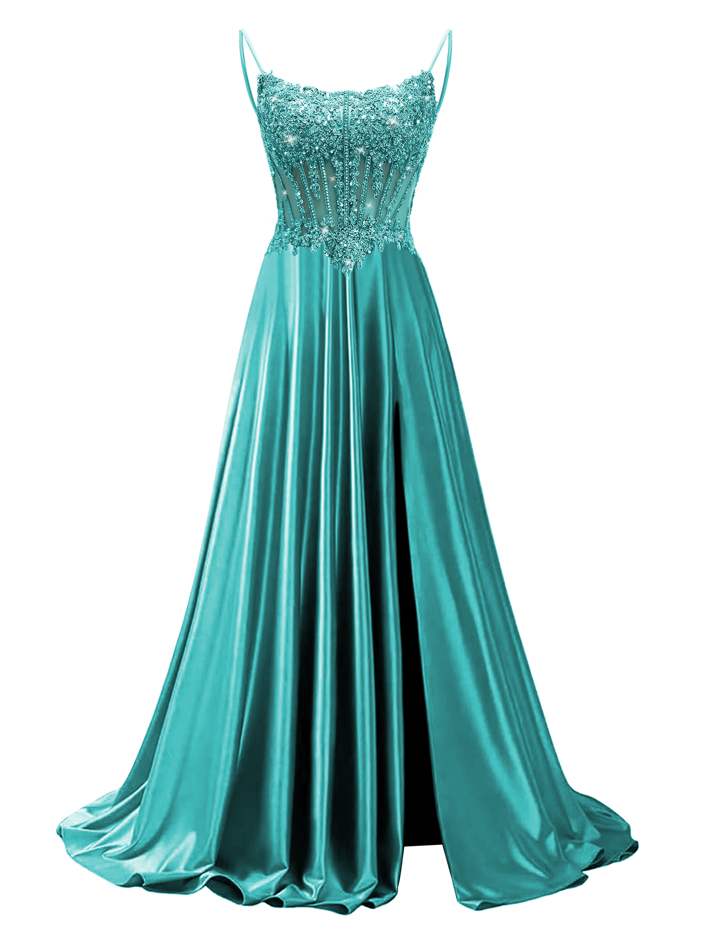 Mermaid Spaghetti Straps Satin Beaded Sequin Pleated Slit Prom Dress #PR2510011