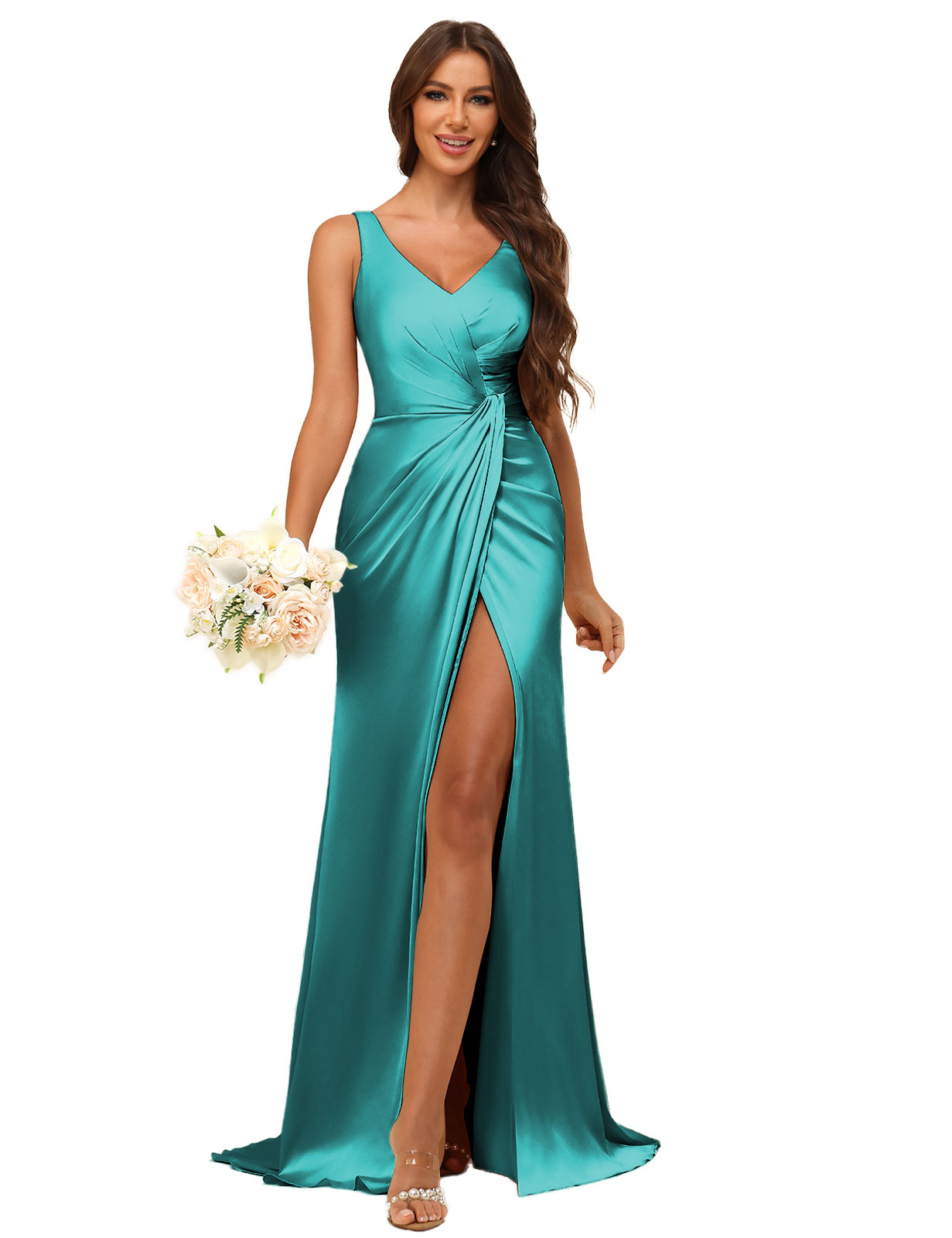 Mermaid V-neck Straps Satin Silt Bridesmaid Dress #BM2507144