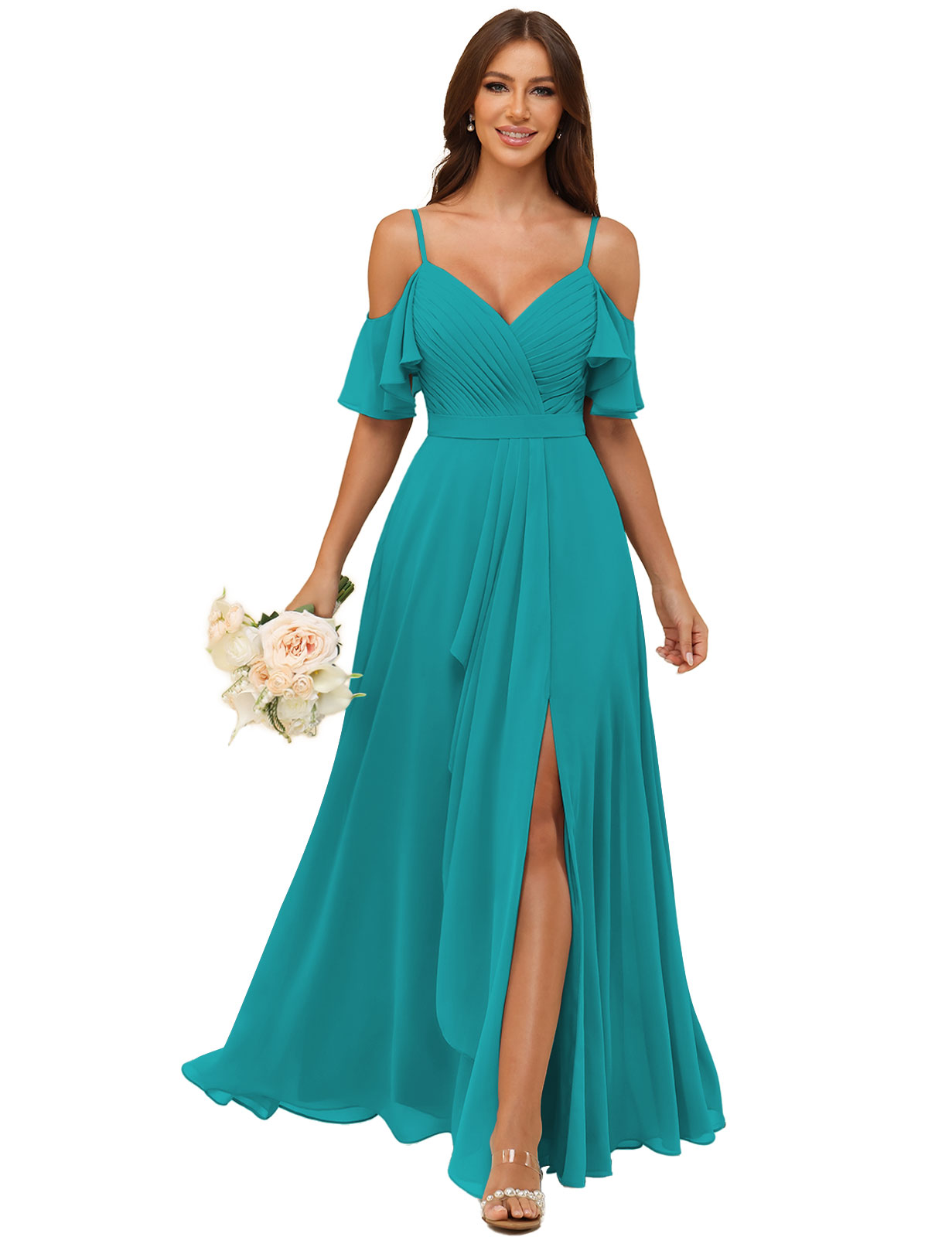 A-line V-neck Spaghetti Straps Chiffon Silt Bridesmaid Dress #BM2507214