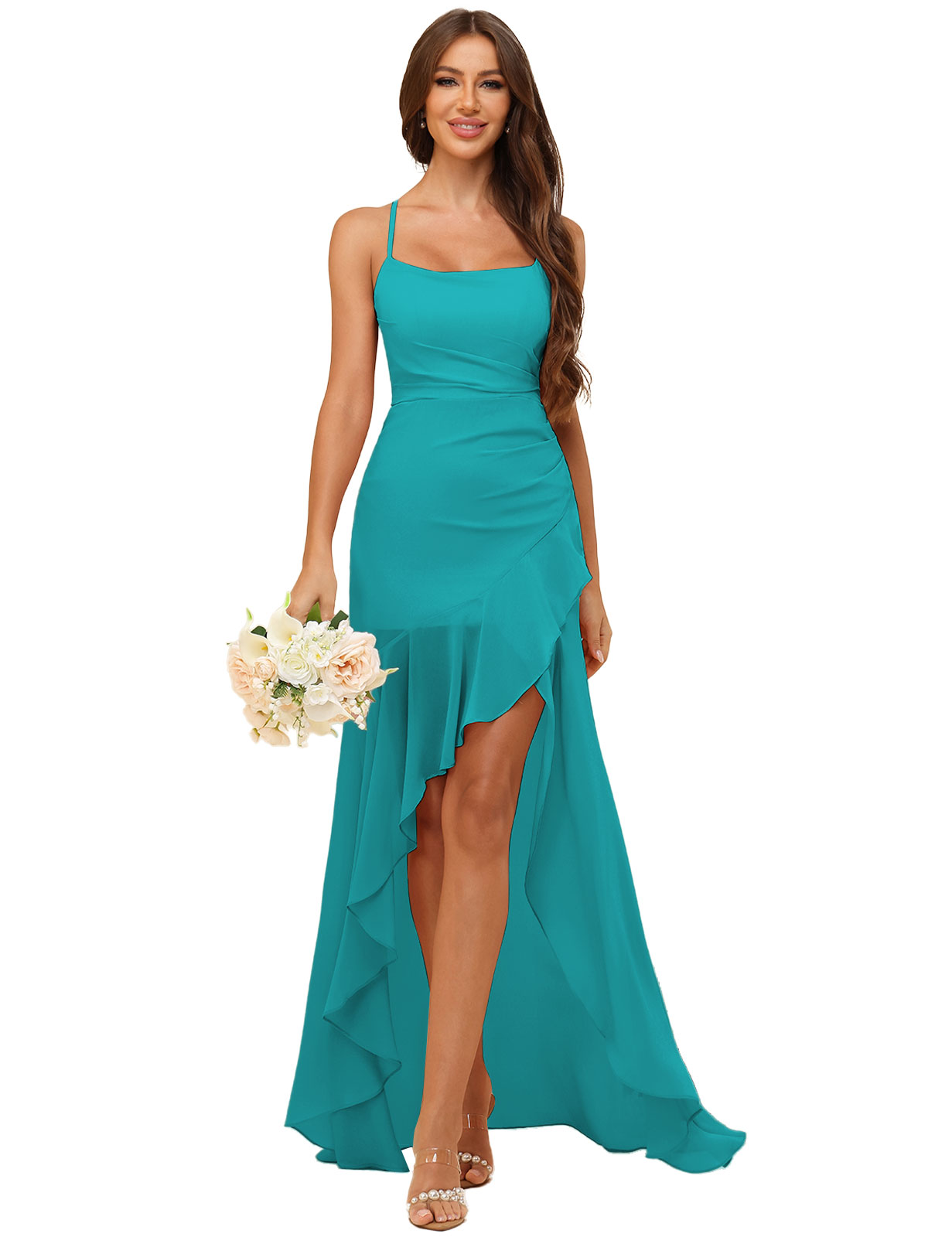 A-line Strapless Chiffon High Low Ruffles Bridesmaid Dress #BM2507148