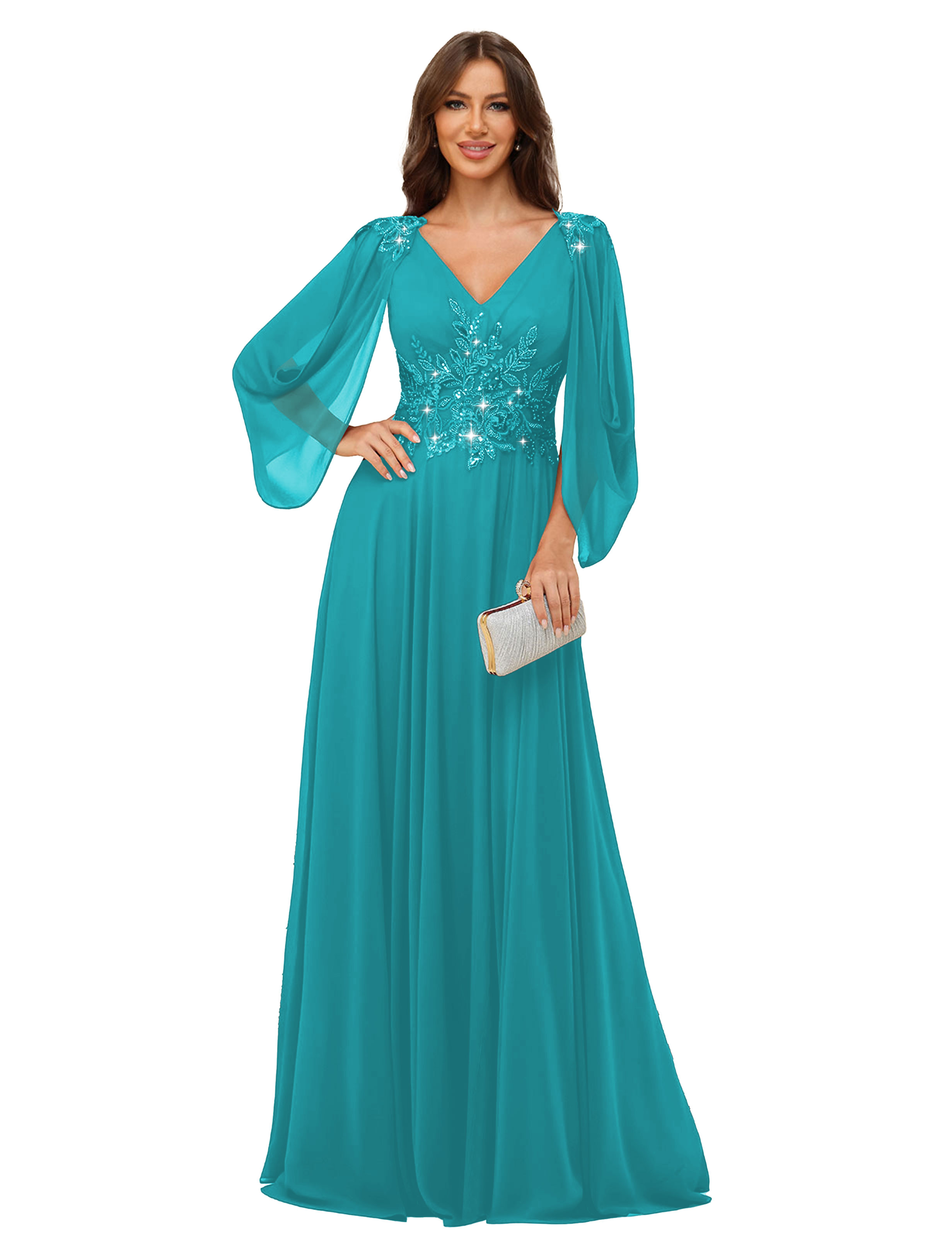 A-line V-neck Chiffon V-back Long Sleeves Mother of The Bride Dress #BM2501034
