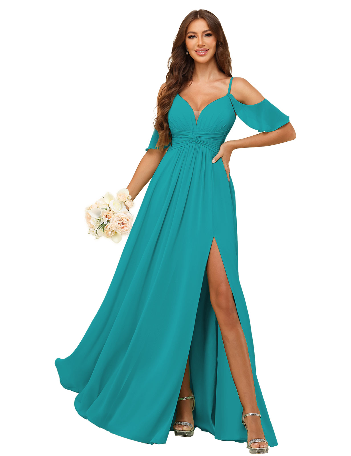 A-line Deep V-neck Spaghetti Straps Chiffon Silt Bridesmaid Dress #BM2507134