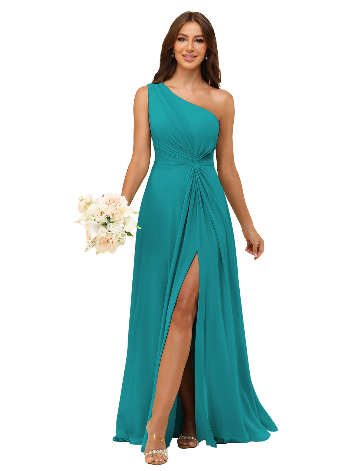 A-line One Shoulder Chiffon Silt Bridesmaid Dress #BM2508033