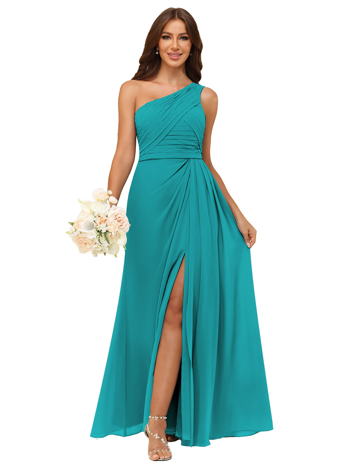 A-line One Shoulder Chiffon Silt Back Zip Bridesmaid Dress #BM2504122