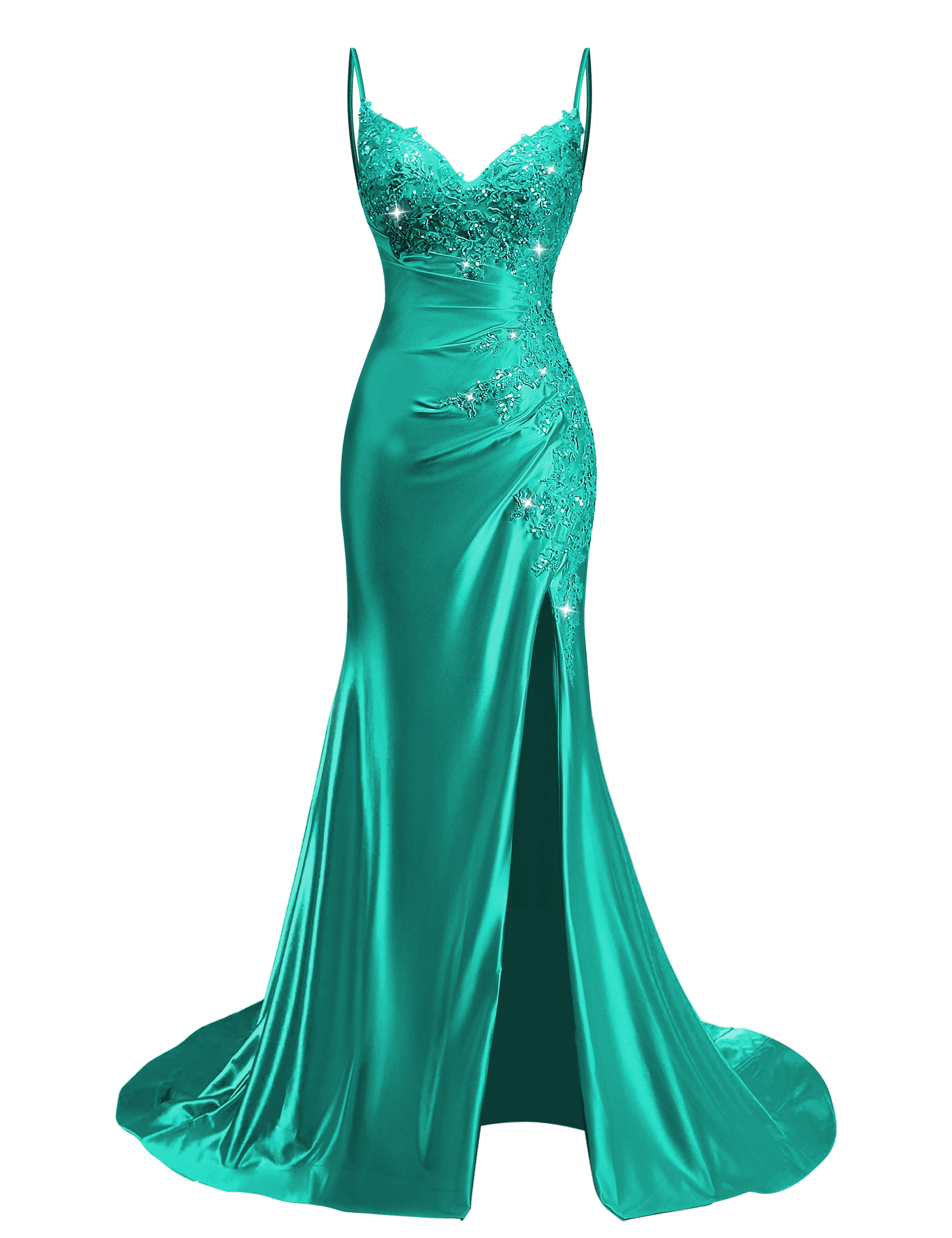 Mermaid V-neck Spaghetti Straps Beaded Lace Appliques Prom Dress #PR2510012