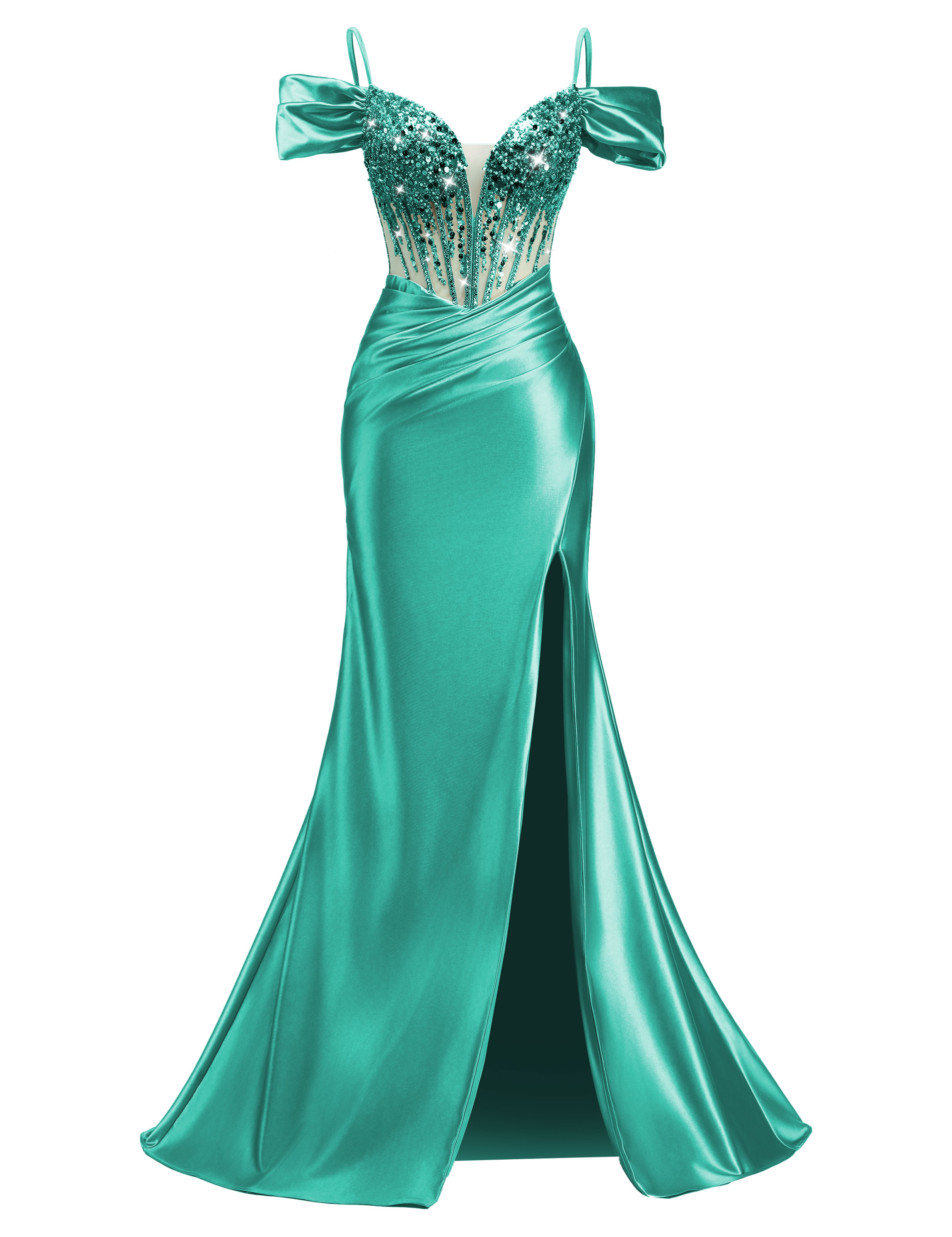Mermaid V-neck Off Shoulder Beaded Sequin Satin Slit Prom Dress #PR2510014